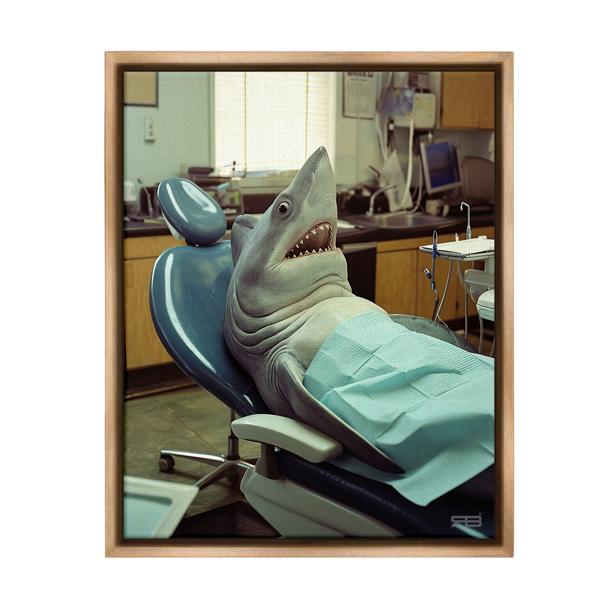 Stupell Industries Shark at Dentist Animals & Insects Painting Brown Floater Framed Canvas Art Print Wall Art, 17 x 21
