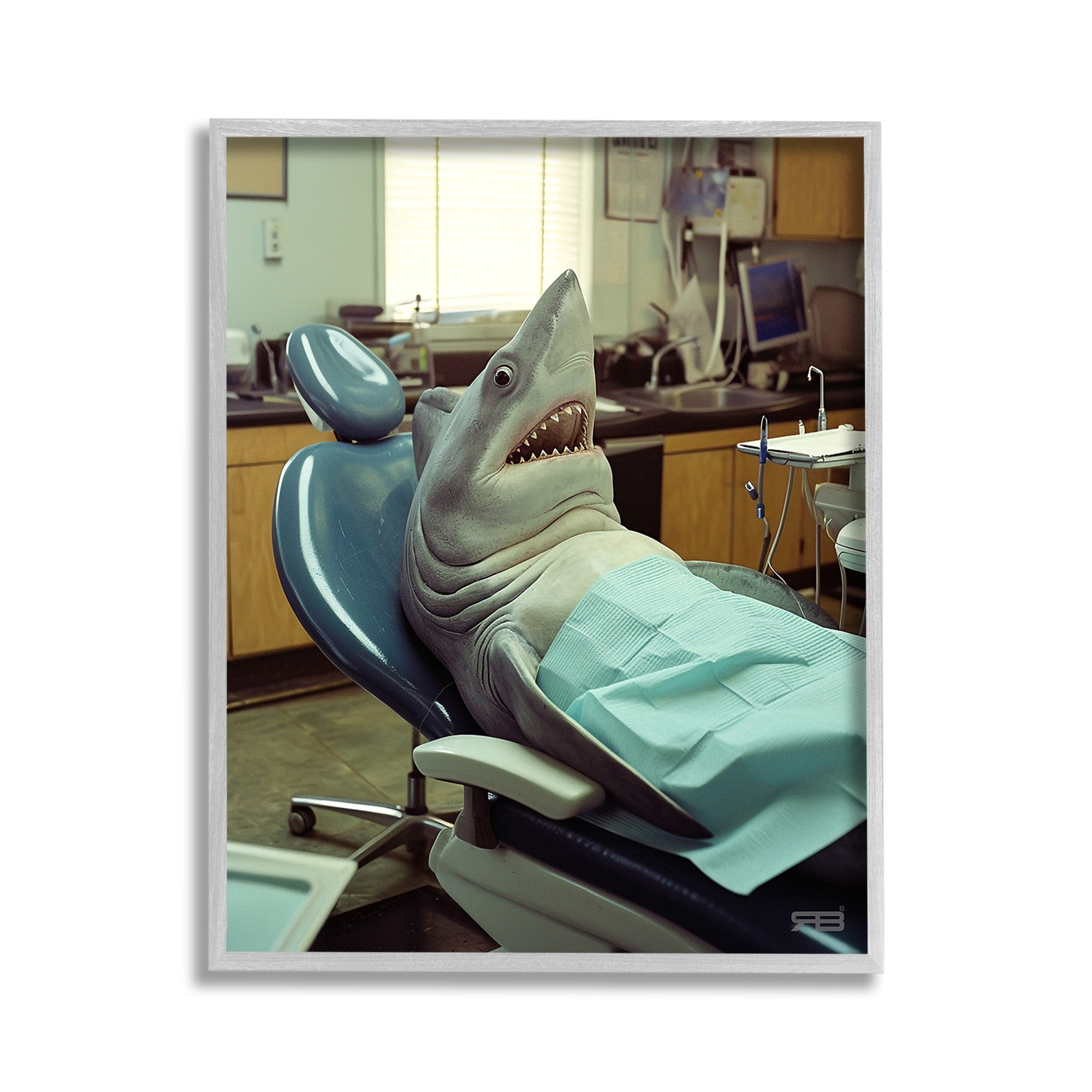 Stupell Industries Shark at Dentist Animals & Insects Painting Gray Framed Art Print Wall Art, 11 x 14