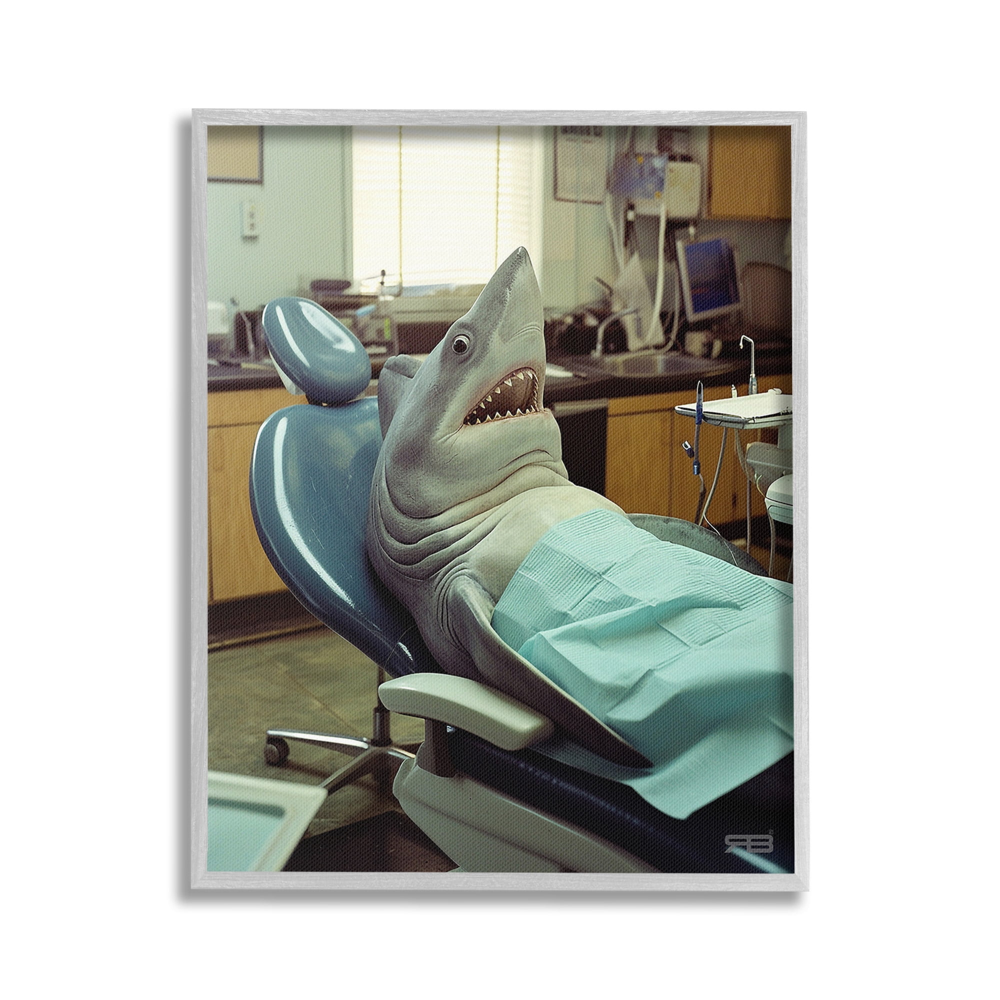 Stupell Industries Shark at Dentist Animals & Insects Painting Gray Framed Art Print Wall Art, 24 x 30