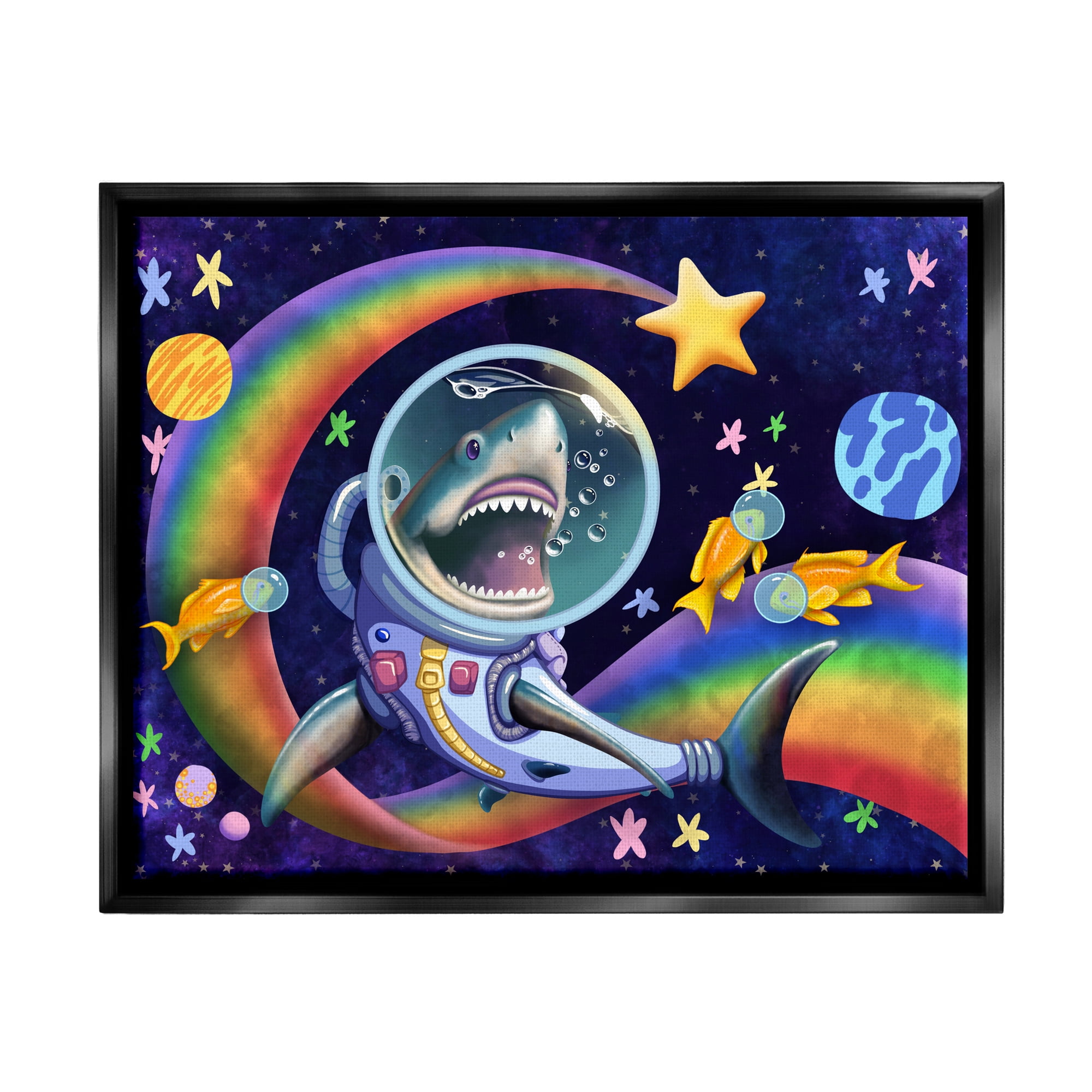 Stupell Industries Shark in Outer Space Animals & Insects Painting Black Floater Framed Canvas Art Print Wall Art, 21 x 17