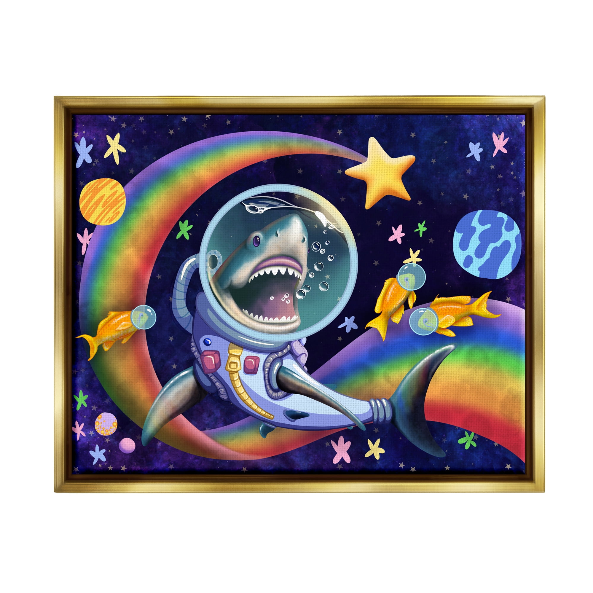 Stupell Industries Shark in Outer Space Animals & Insects Painting Gold Floater Framed Canvas Art Print Wall Art, 31 x 25