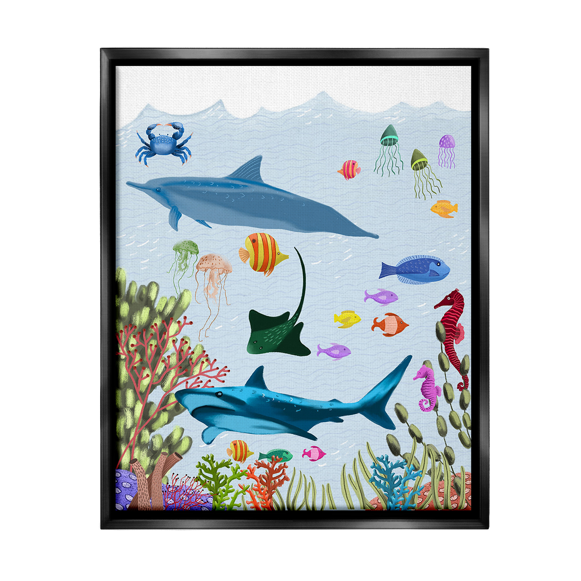 Stupell Industries Sharks & Fish Underwater Animals & Insects Painting Black Floater Framed Canvas Art Print Wall Art, 25 x 31