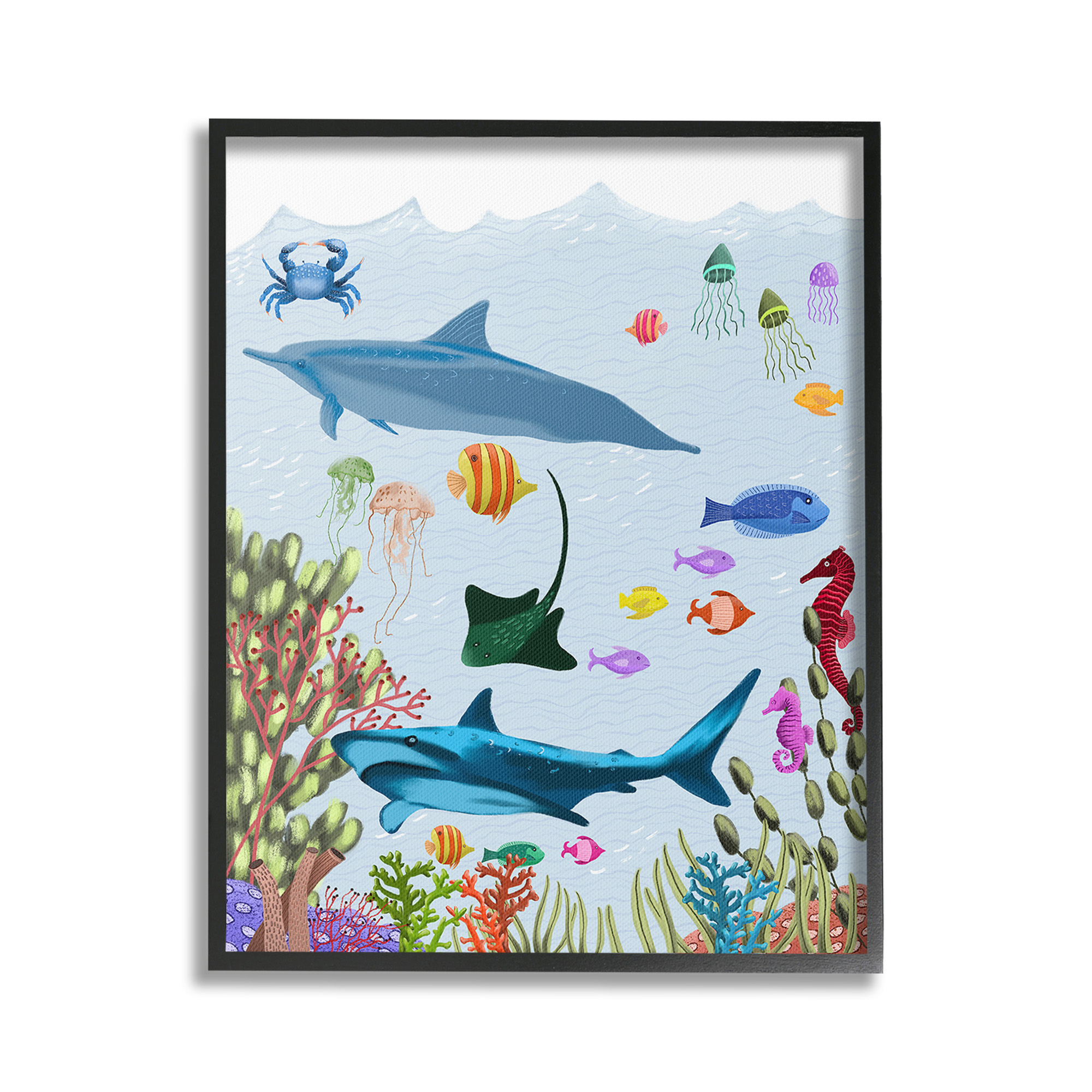 Stupell Industries Sharks & Fish Underwater Animals & Insects Painting Black Framed Art Print Wall Art, 16 x 20