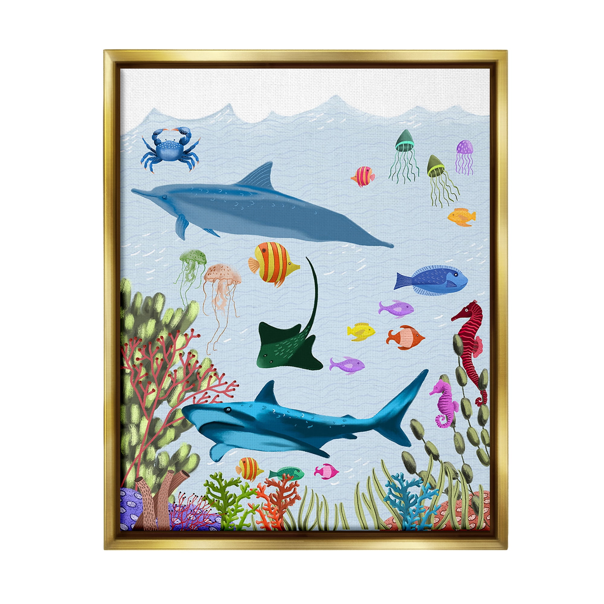 Stupell Industries Sharks & Fish Underwater Animals & Insects Painting Gold Floater Framed Canvas Art Print Wall Art, 25 x 31