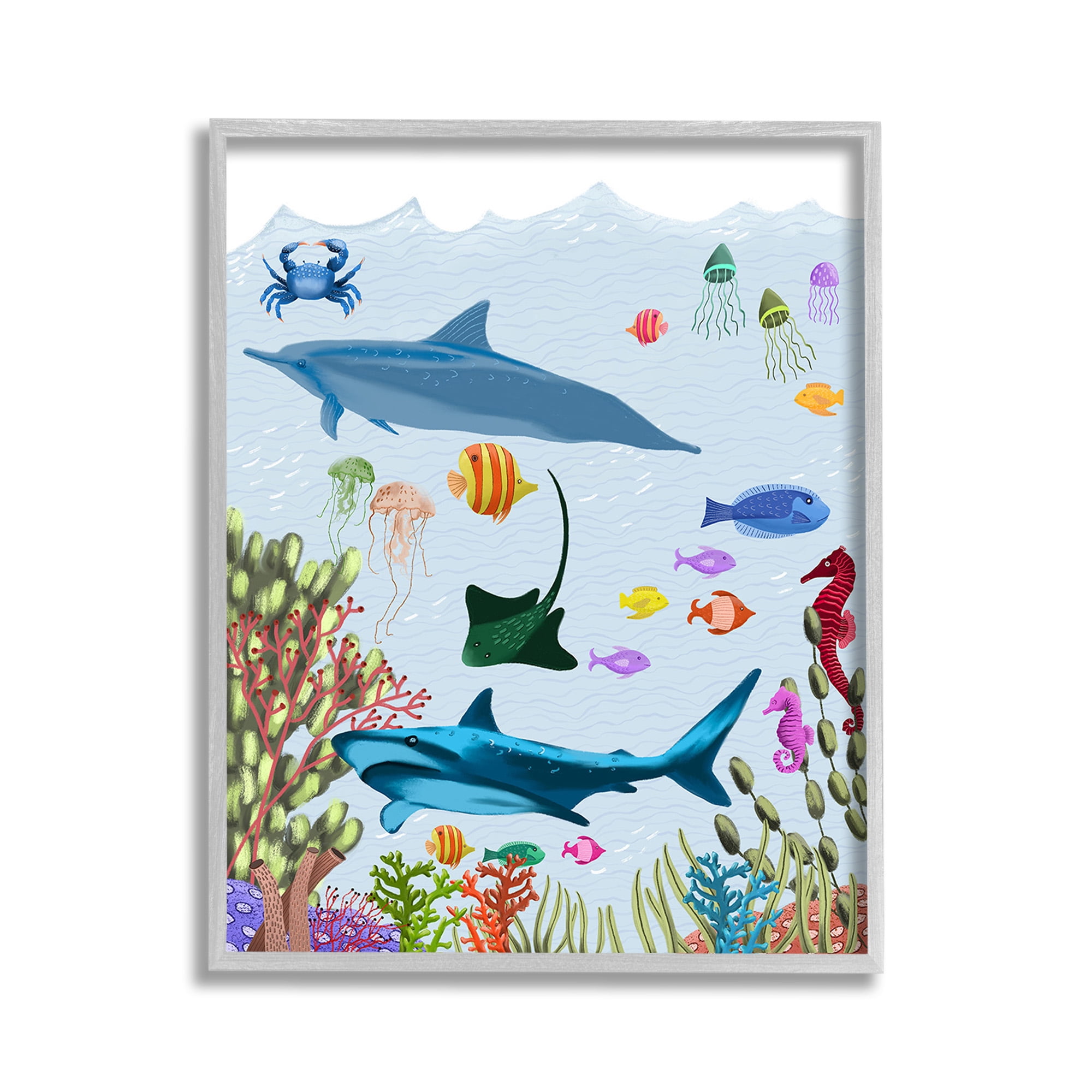 Stupell Industries Sharks & Fish Underwater Animals & Insects Painting Gray Framed Art Print Wall Art, 11 x 14