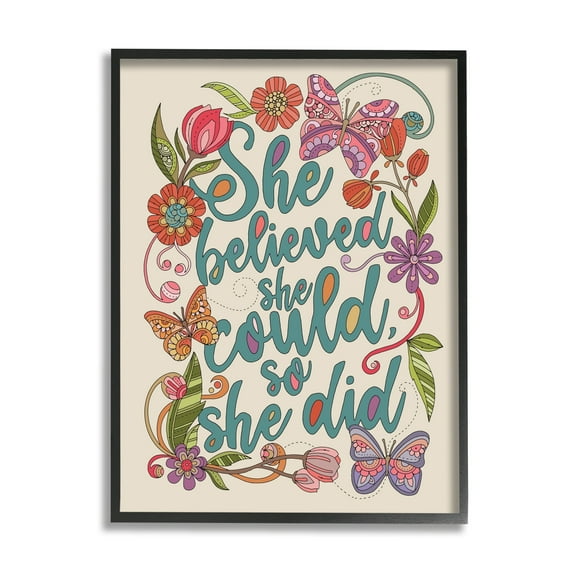 Stupell Industries She Believed Girl Power Motivational Patterned Floral Butterflies Graphic Art Black Framed Art Print Wall Art, Design by Valentina Harper