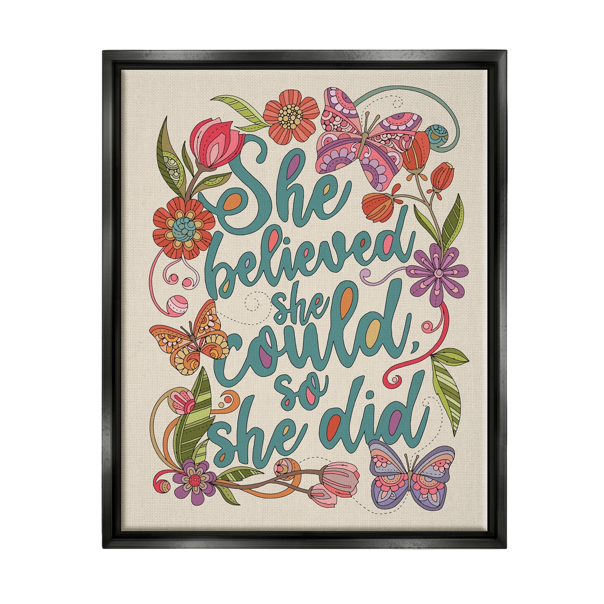 Stupell Industries She Believed Girl Power Motivational Patterned Floral Butterflies Graphic Art Jet Black Floating Framed Canvas Print Wall Art, Design by Valentina Harper