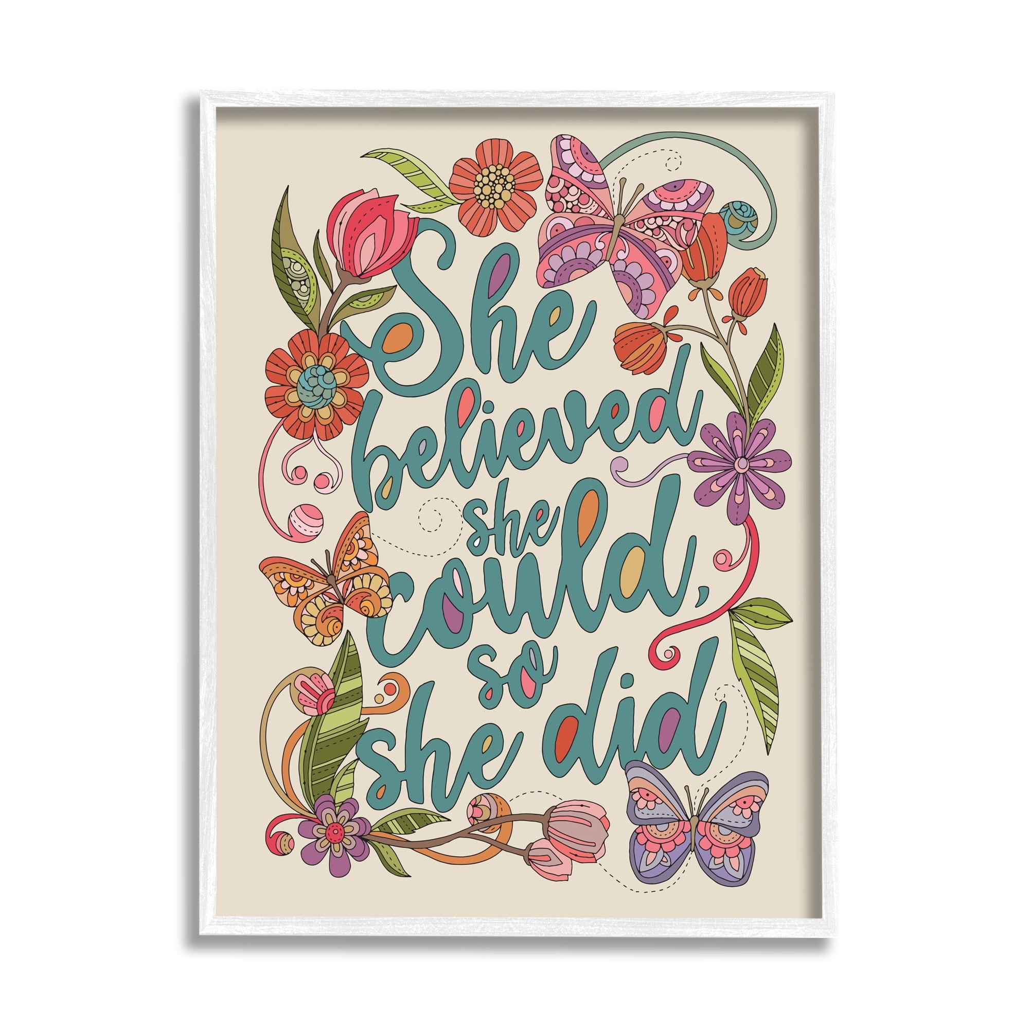 Stupell Industries She Believed Girl Power Motivational Patterned Floral Butterflies Graphic Art White Framed Art Print Wall Art, Design by Valentina Harper