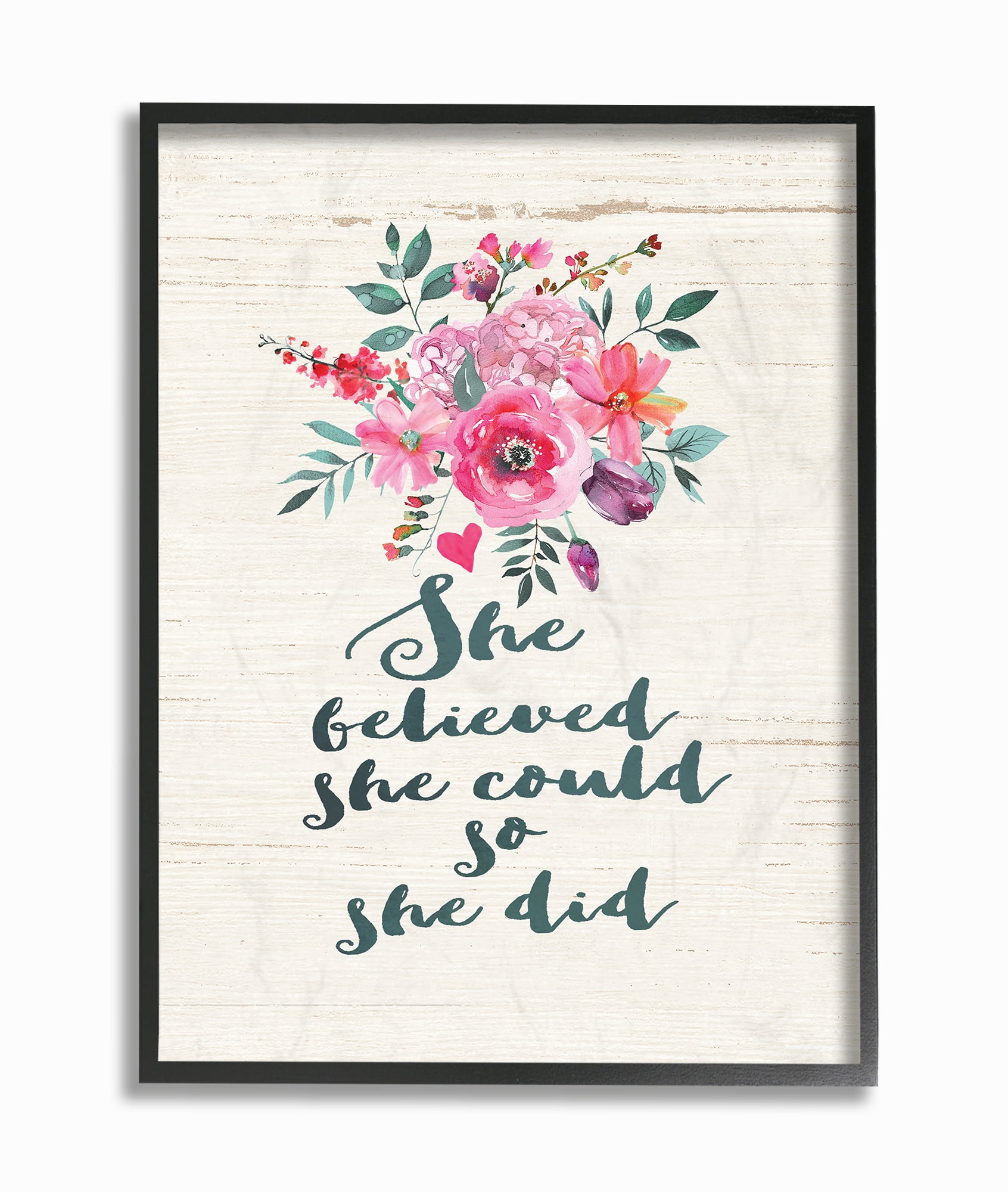 Stupell Industries She Believed Pink and Blue Flowers and Typography Wood Look Botanical & Floral Painting Black Framed Art Print Wall Art, 16 x 20