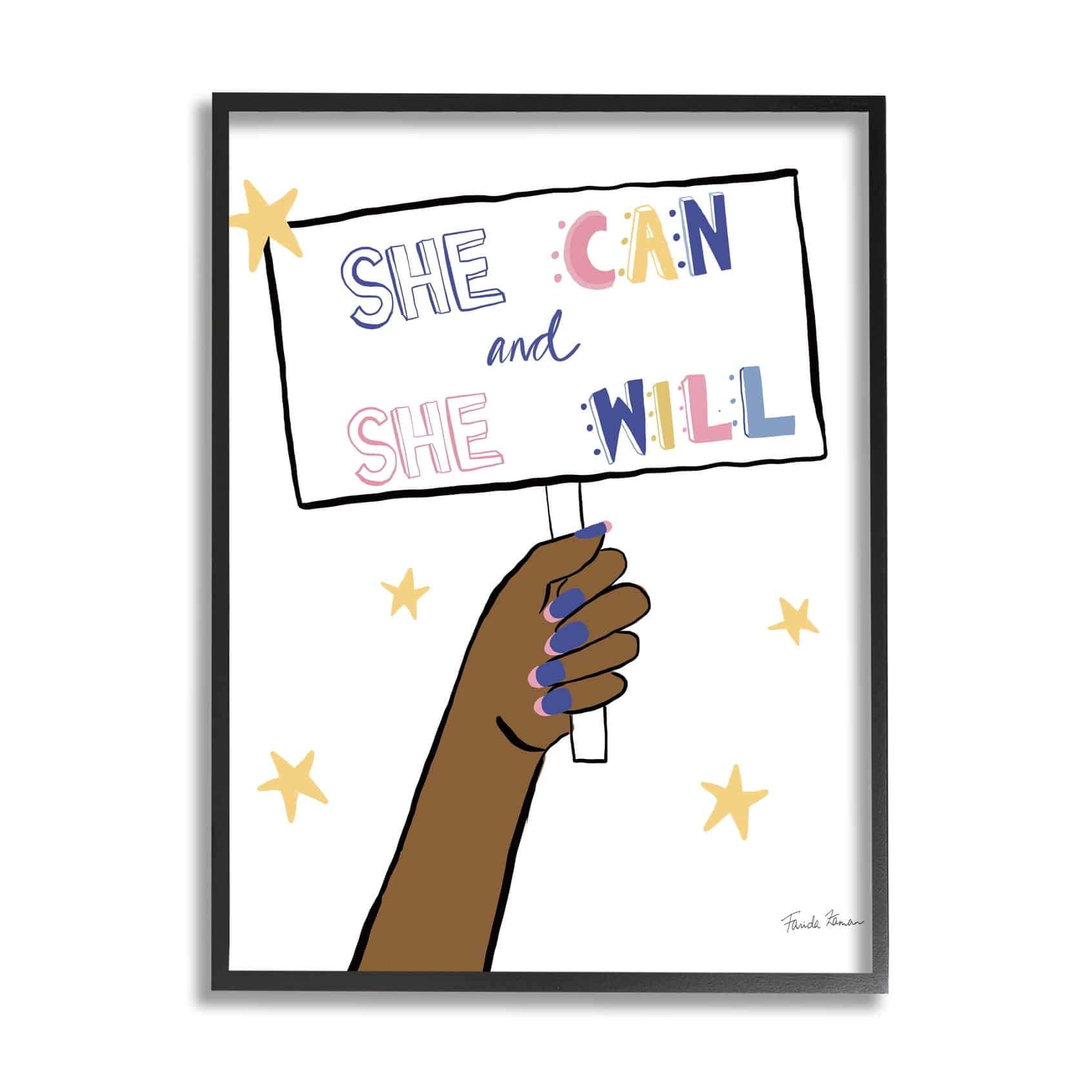 Stupell Industries She Can and Will Phrase Hand Holding Sign Black Framed, 11 x 14, Design by Farida Zaman