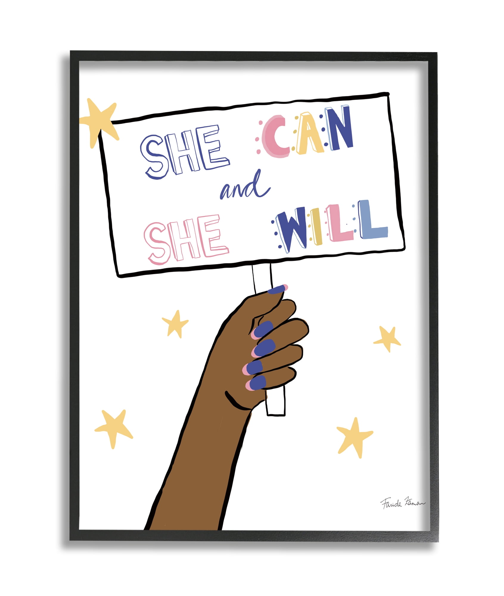 Stupell Industries She Can and Will Phrase Hand Holding Sign Black Framed, 16 x 20, Design by Farida Zaman