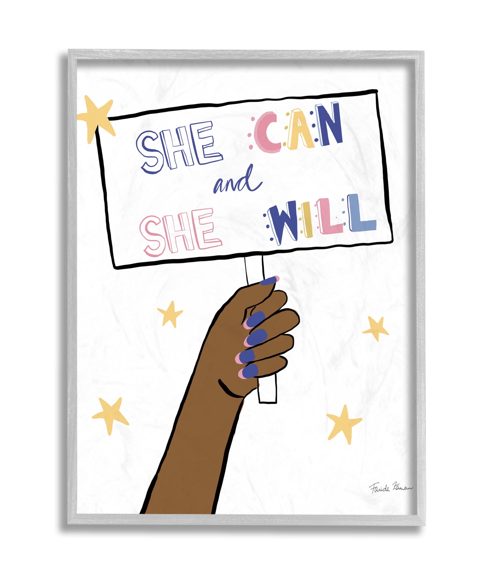 Stupell Industries She Can and Will Phrase Hand Holding Sign Grey Framed, 16 x 20, Design by Farida Zaman