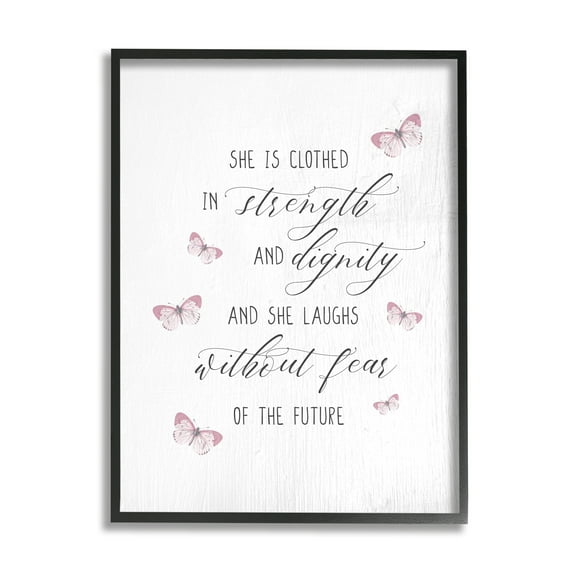 Stupell Industries She Laughs Without Fear Motivational Phrase Pink Butterflies Inspirational Painting Black Framed Art Print Wall Art, 11 x 14