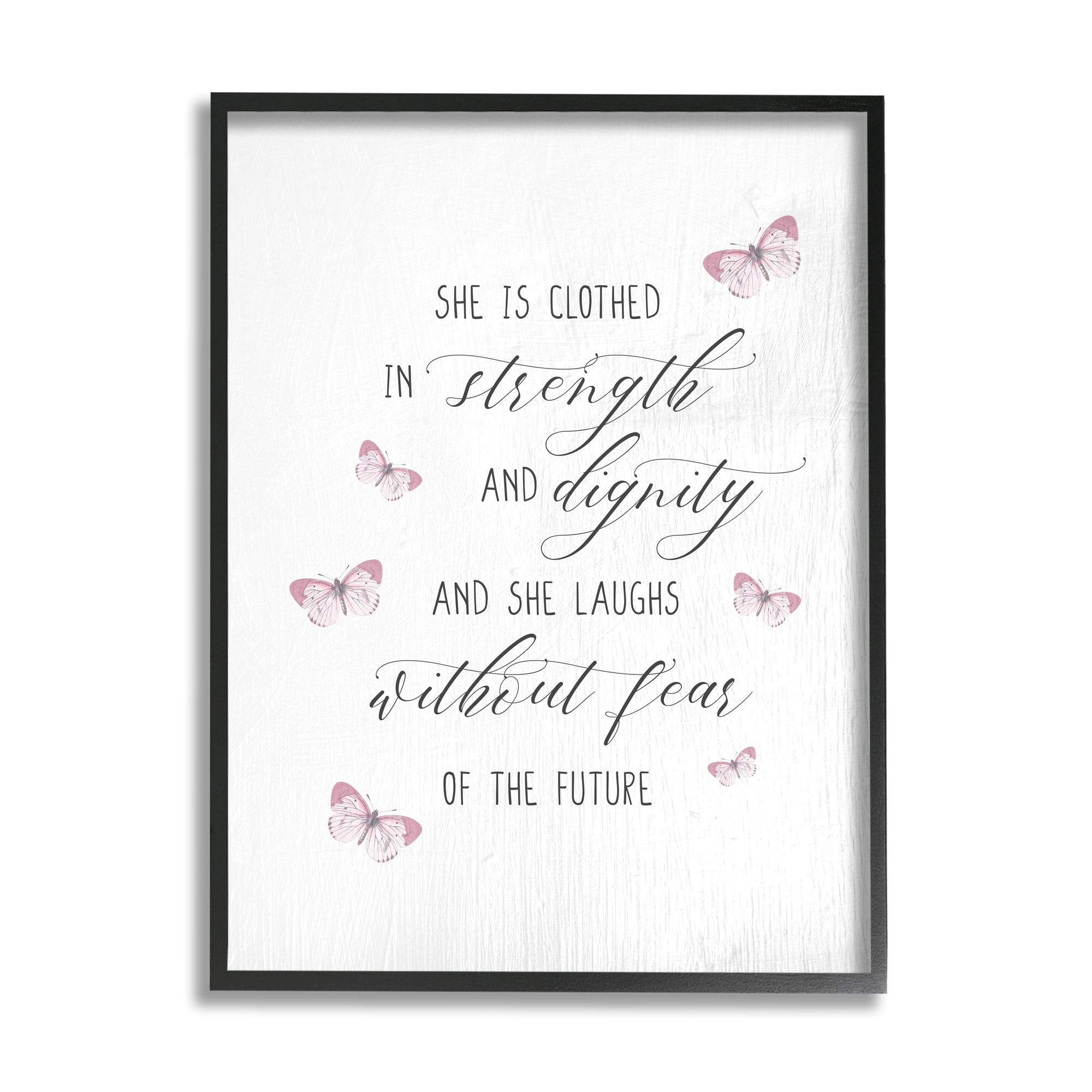 Stupell Industries She Laughs Without Fear Motivational Phrase Pink Butterflies Inspirational Painting Black Framed Art Print Wall Art, 16 x 20