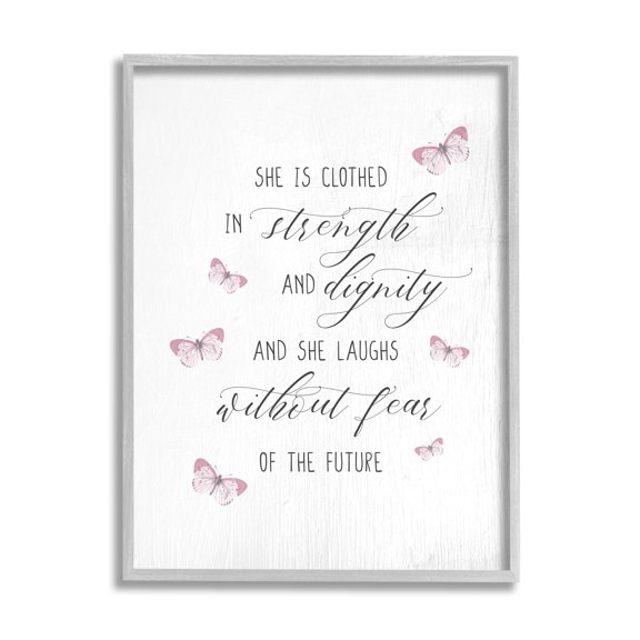 Stupell Industries She Laughs Without Fear Motivational Phrase Pink Butterflies Inspirational Painting Gray Framed Art Print Wall Art, 16 x 20