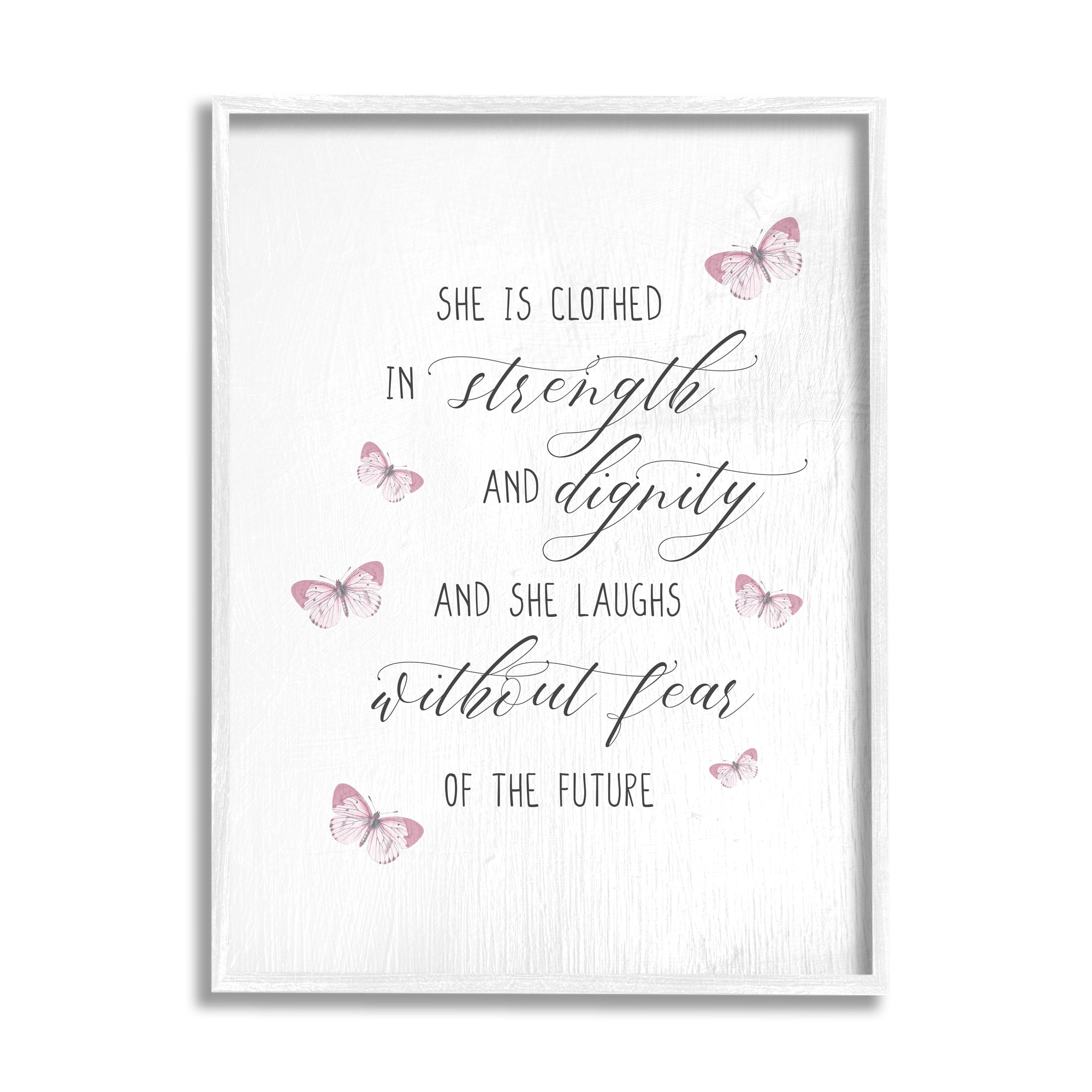 Stupell Industries She Laughs Without Fear Motivational Phrase Pink Butterflies Inspirational Painting White Framed Art Print Wall Art, 16 x 20