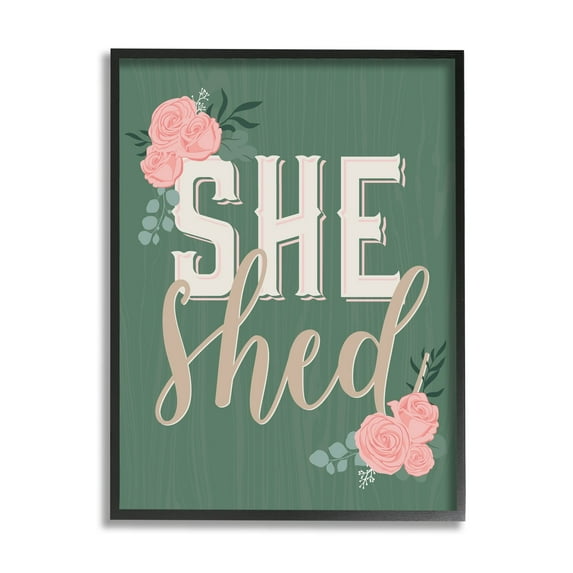 Stupell Industries She Shed Floral Pink Rose Calligraphy Sign Graphic Art Black Framed Art Print Wall Art, Design by Angela Nickeas