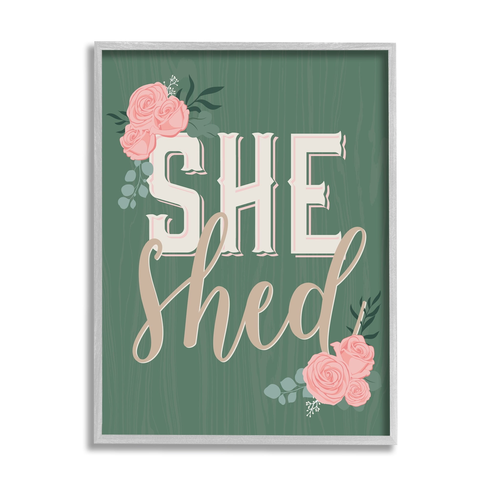 Stupell Industries She Shed Floral Pink Rose Calligraphy Sign Graphic Art Gray Framed Art Print Wall Art, Design by Angela Nickeas