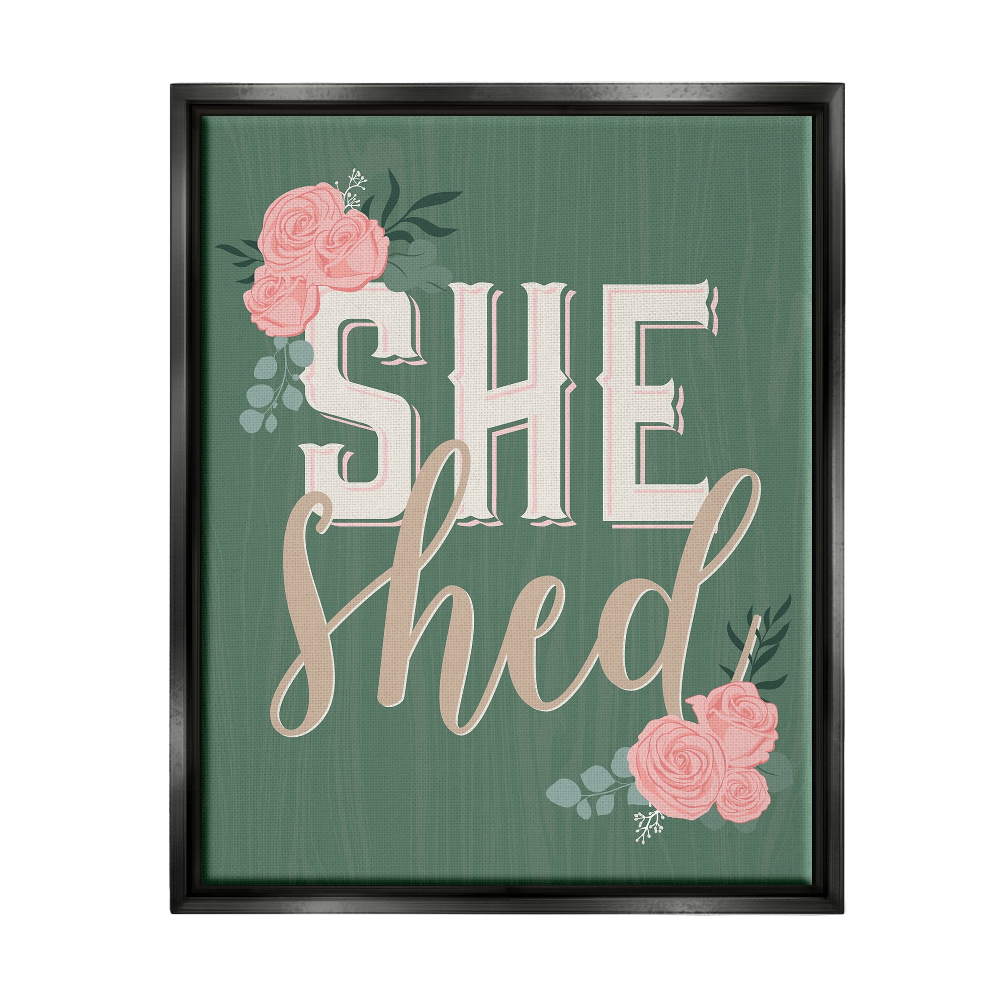 Stupell Industries She Shed Floral Pink Rose Calligraphy Sign Graphic Art Jet Black Floating Framed Canvas Print Wall Art, Design by Angela Nickeas