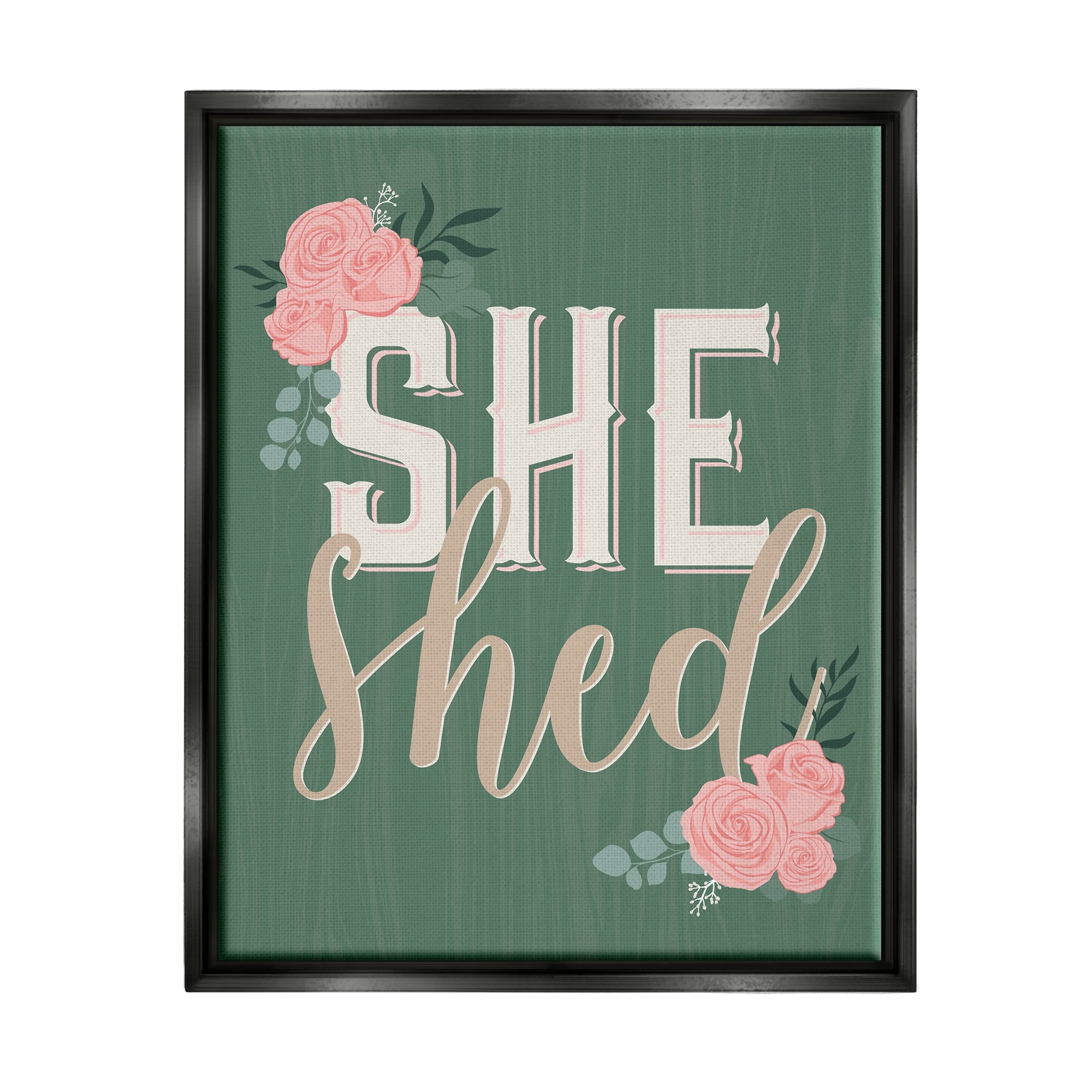 Stupell Industries She Shed Floral Pink Rose Calligraphy Sign Graphic Art Jet Black Floating Framed Canvas Print Wall Art, Design by Angela Nickeas