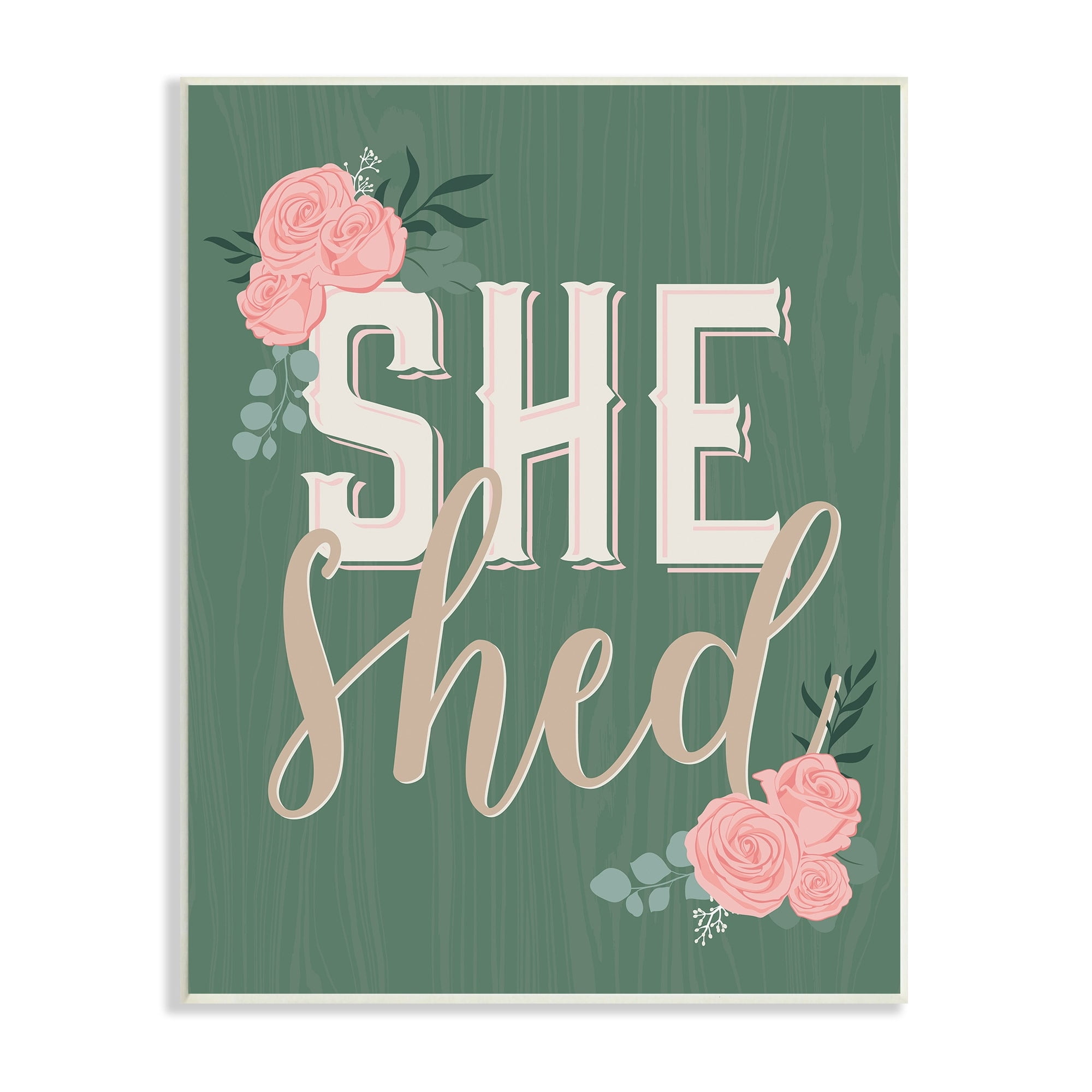 Stupell Industries She Shed Floral Pink Rose Calligraphy Sign Graphic Art Unframed Art Print Wall Art, Design by Angela Nickeas