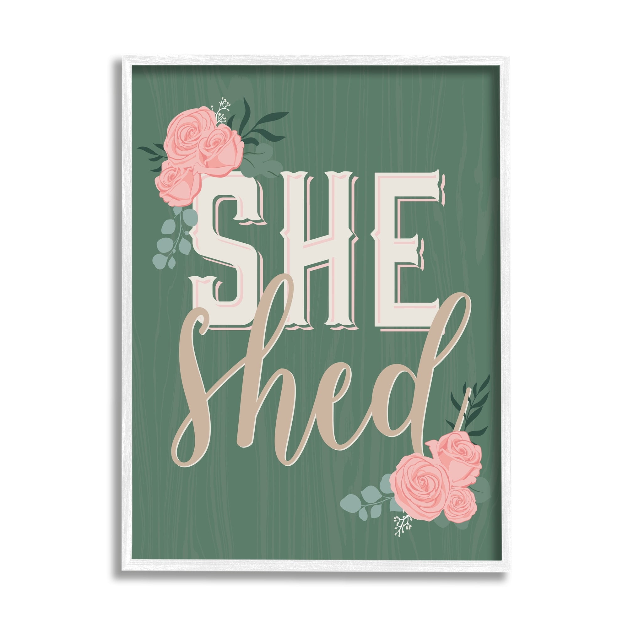 Stupell Industries She Shed Floral Pink Rose Calligraphy Sign Graphic Art White Framed Art Print Wall Art, Design by Angela Nickeas