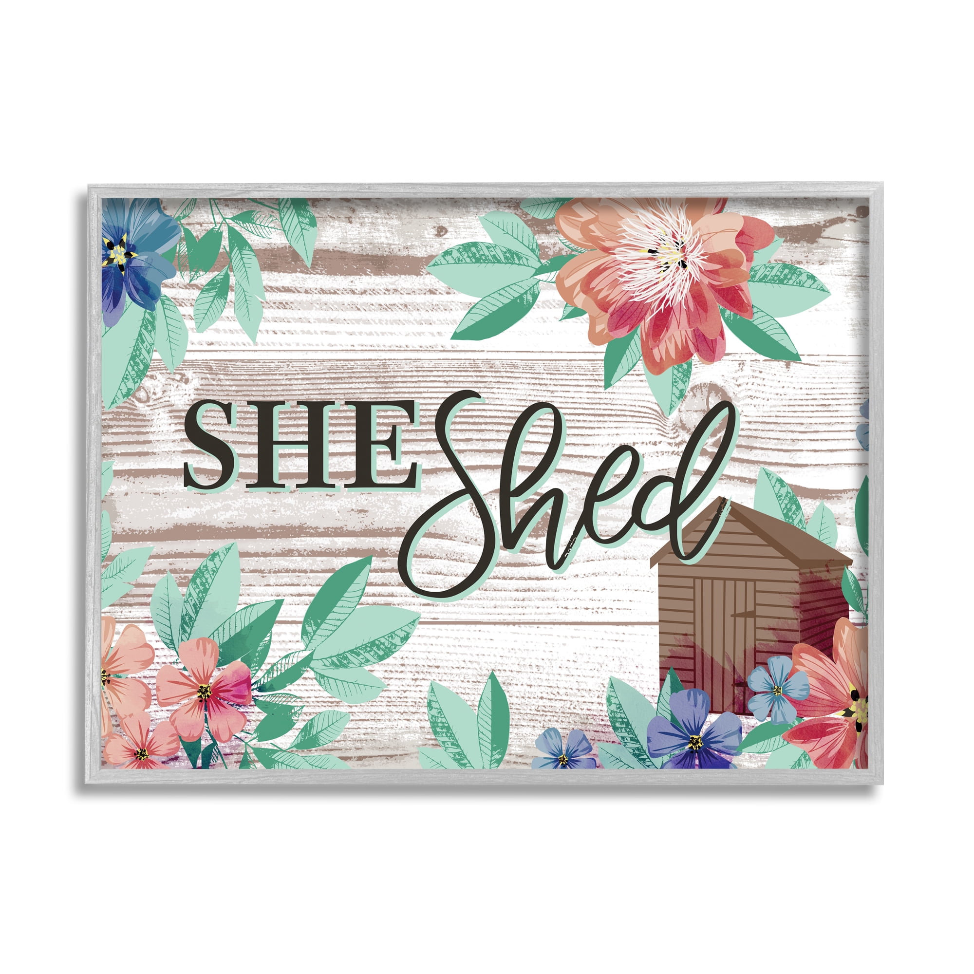 Stupell Industries She Shed Typography Rustic Country Floral Sign, 11 x 14, Designed by Jennifer Ellory