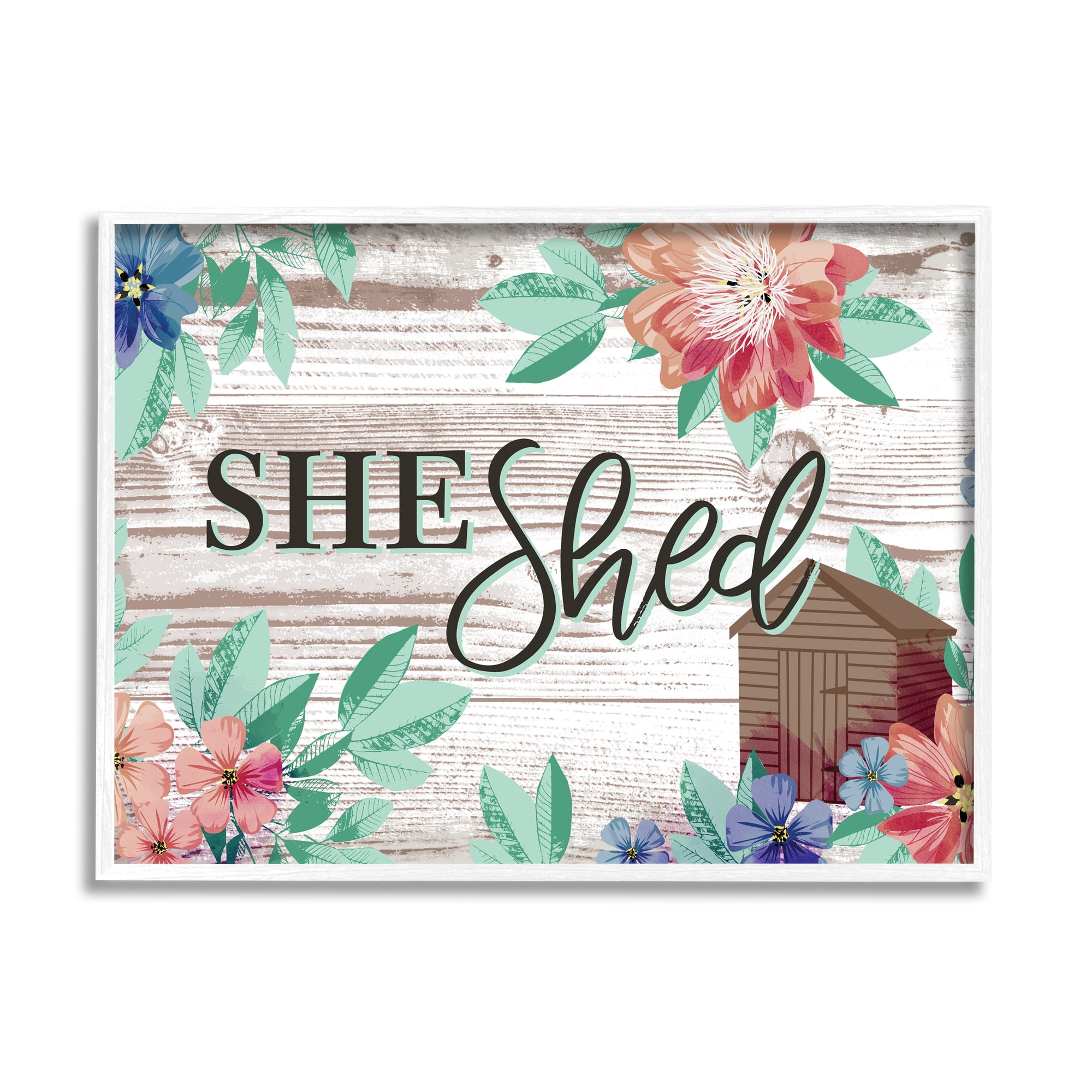 Stupell Industries She Shed Typography Rustic Country Floral Sign Graphic Art White Framed Art Print Wall Art, 16x20, by Jennifer Ellory