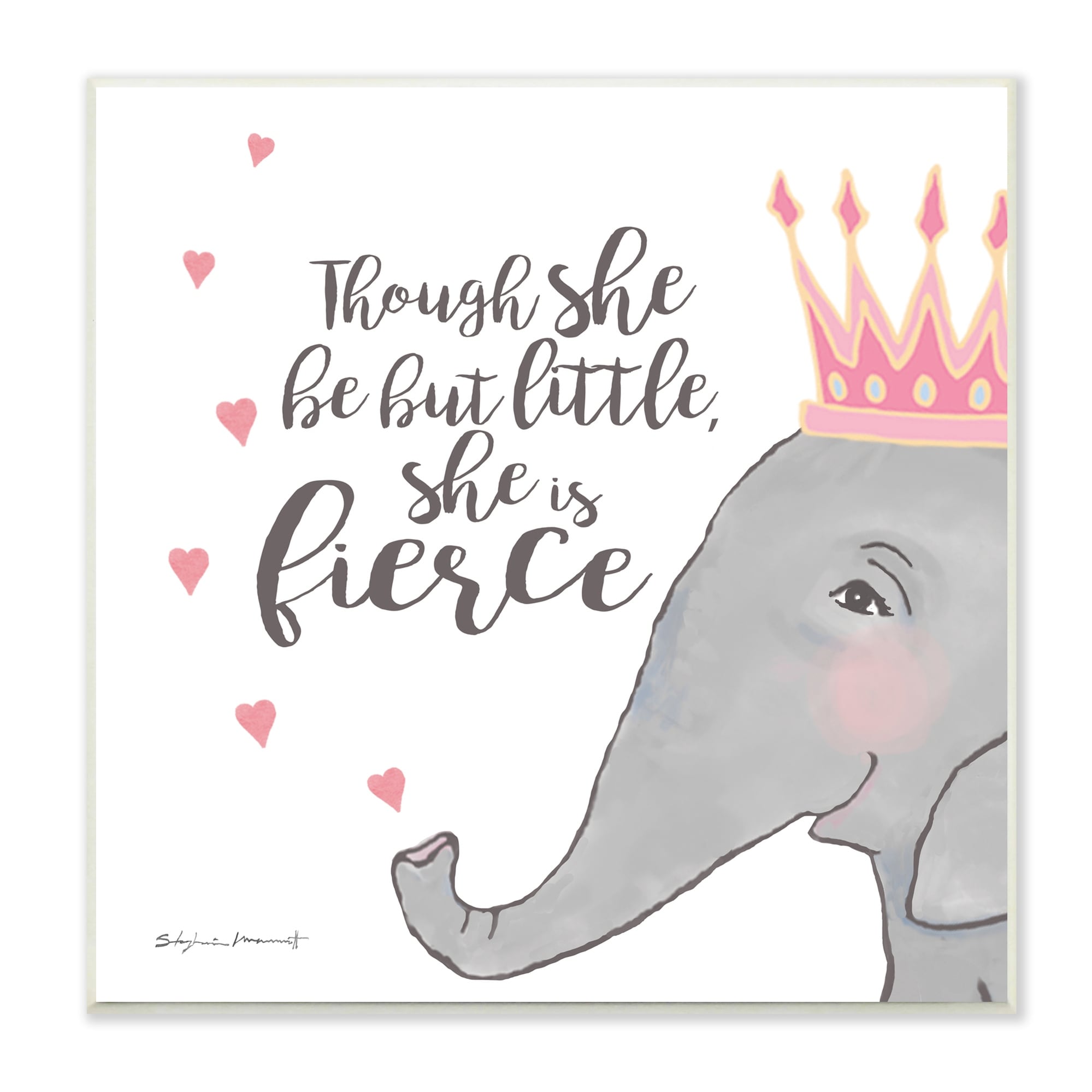 Stupell Industries She is Fierce Phrase Girls' Princess Elephant Pink, 12 x 12, Design by Stephanie Workman Marrott