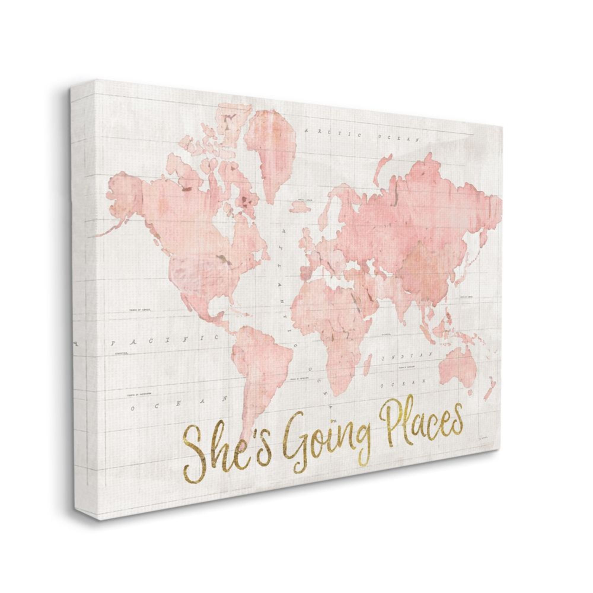 Stupell Industries She's Going Places Quote Pink Watercolor World Map Design by Sue Schlabach, 36" x 48"