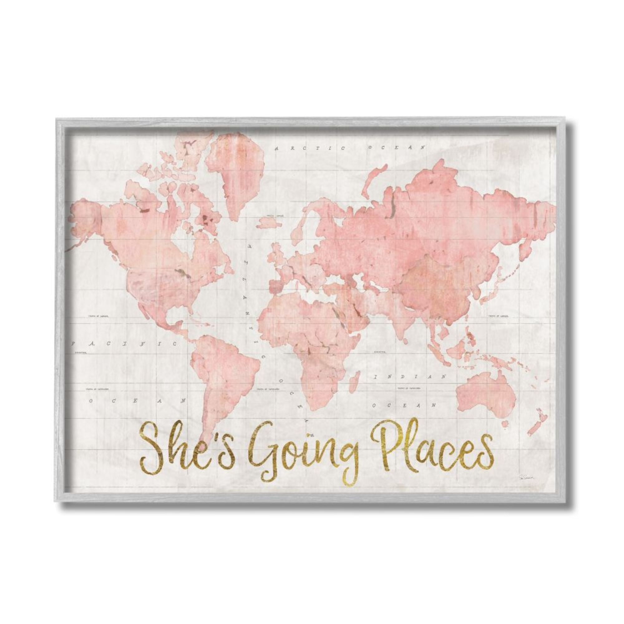 She's Going Places Pink Watercolor World Map Framed Canvas Print