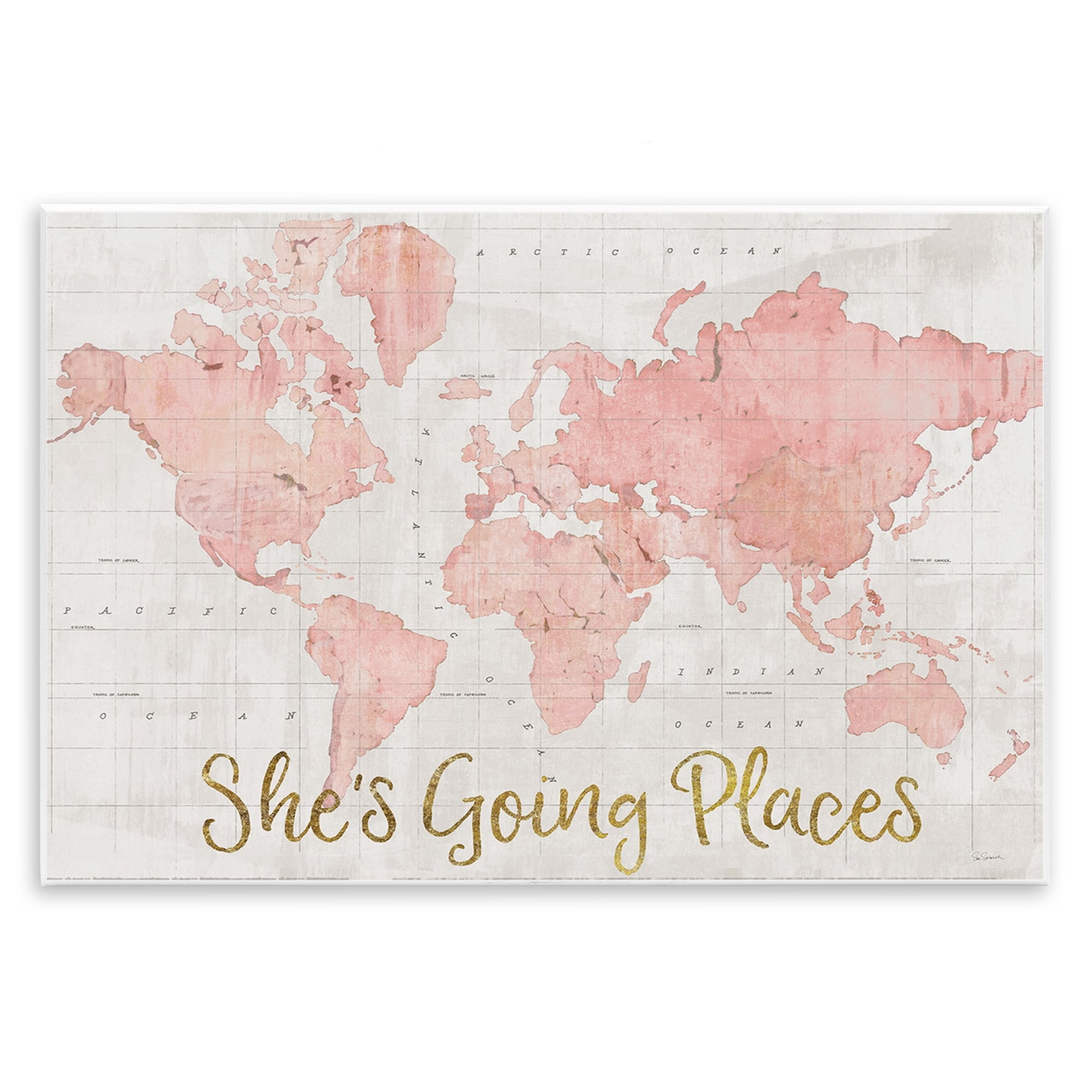 Stupell Industries She's Going Places Quote Pink Watercolor World Map Design by Sue Schlabach