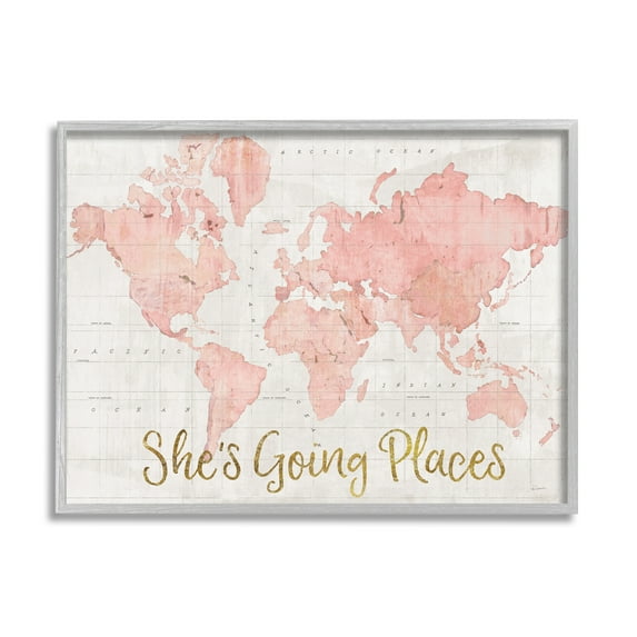 Stupell Industries She's Going Places Quote Pink Watercolor World Map Gray Framed Art Print Wall Art, 24x30, by Sue Schlabach