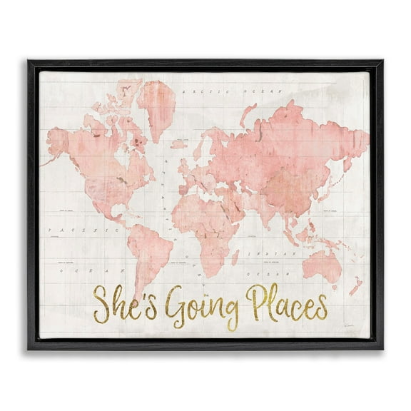 Stupell Industries She's Going Places Quote Pink Watercolor World Map Jet Black Framed Floating Canvas Wall Art, 16x20, by Sue Schlabach