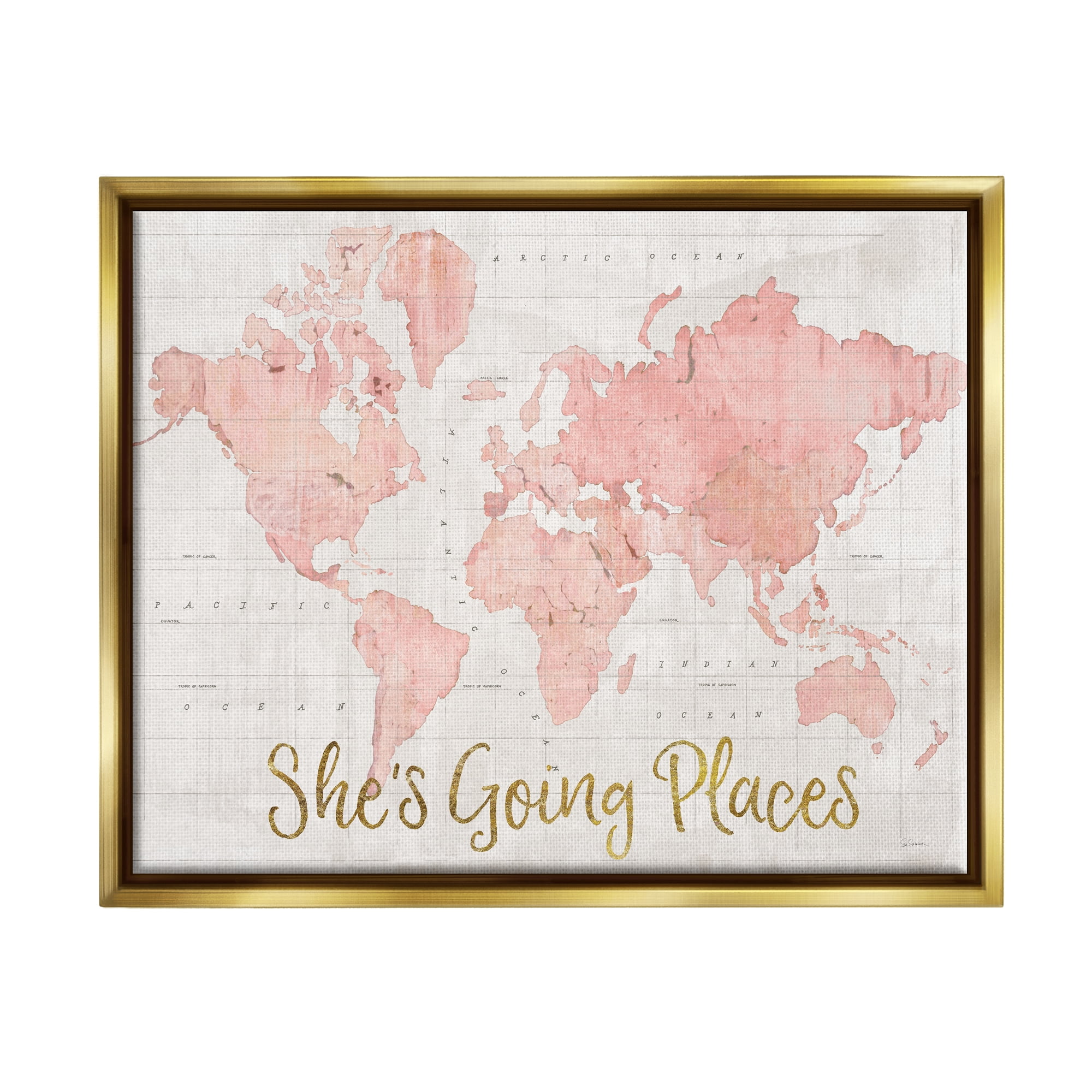 Stupell Industries She's Going Places Quote Pink Watercolor World Map Metallic Gold Framed Floating Canvas Wall Art, 24x30, by Sue Schlabach
