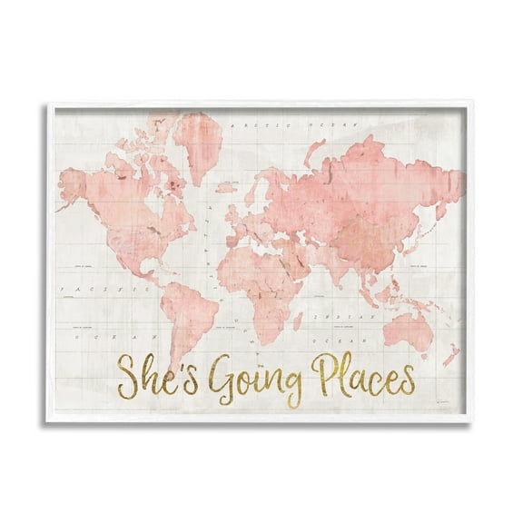 Stupell Industries She's Going Places Quote Pink Watercolor World Map White Framed Art Print Wall Art, 16x20, by Sue Schlabach
