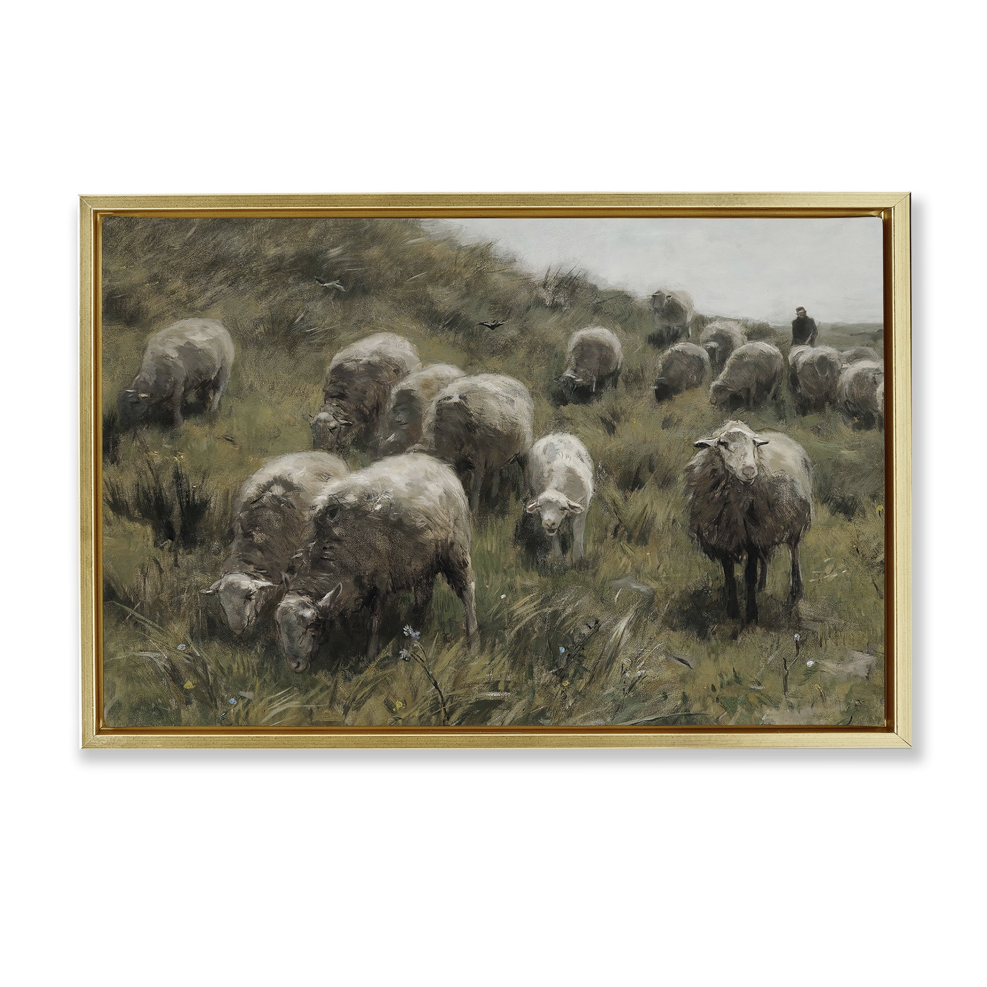 Stupell Industries Sheep At Pasture Landscape Painting Gold Floater Framed Canvas Art Print Wall Art, 25 x 17