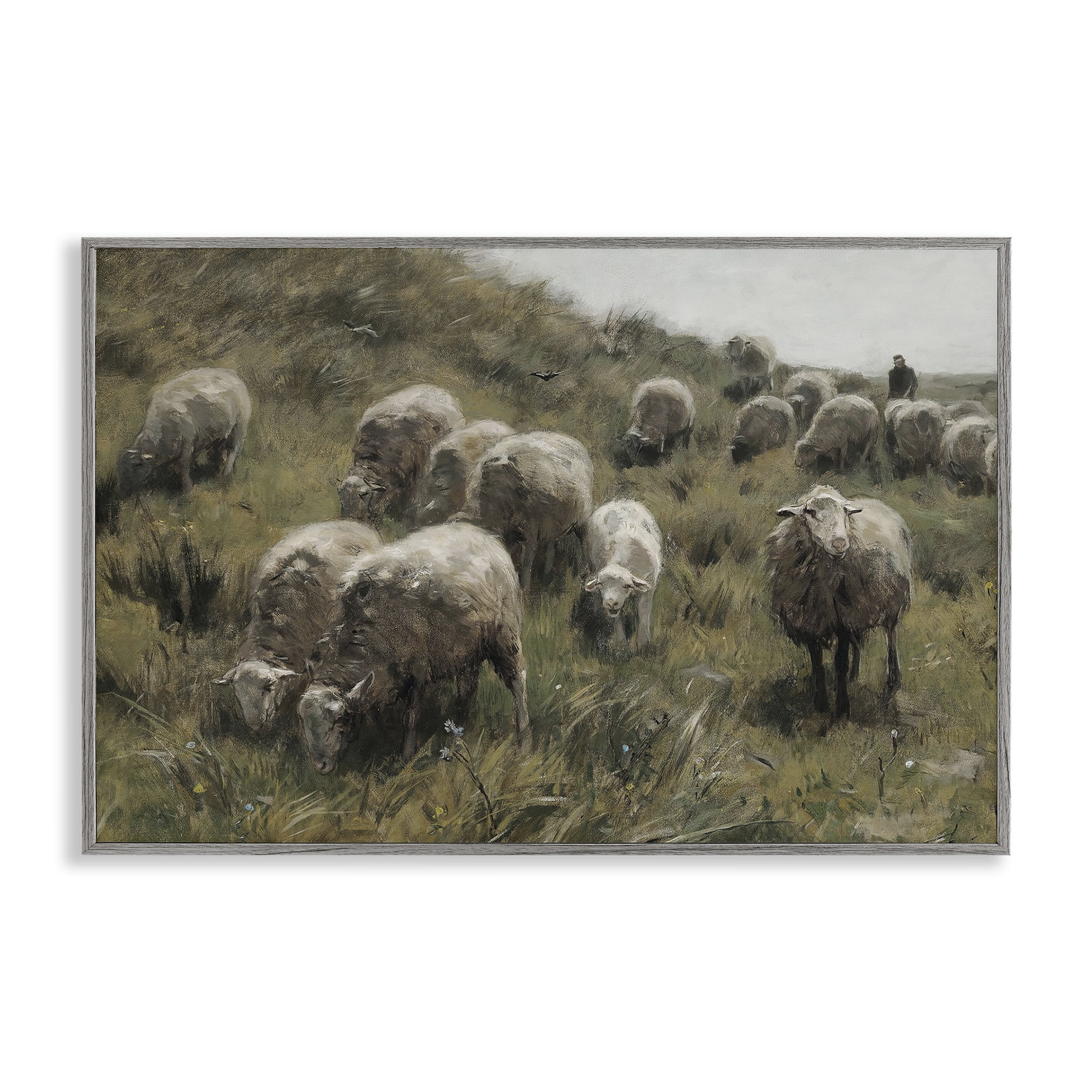 Stupell Industries Sheep At Pasture Landscape Painting Gray Framed Art Print Wall Art, 18 x 12