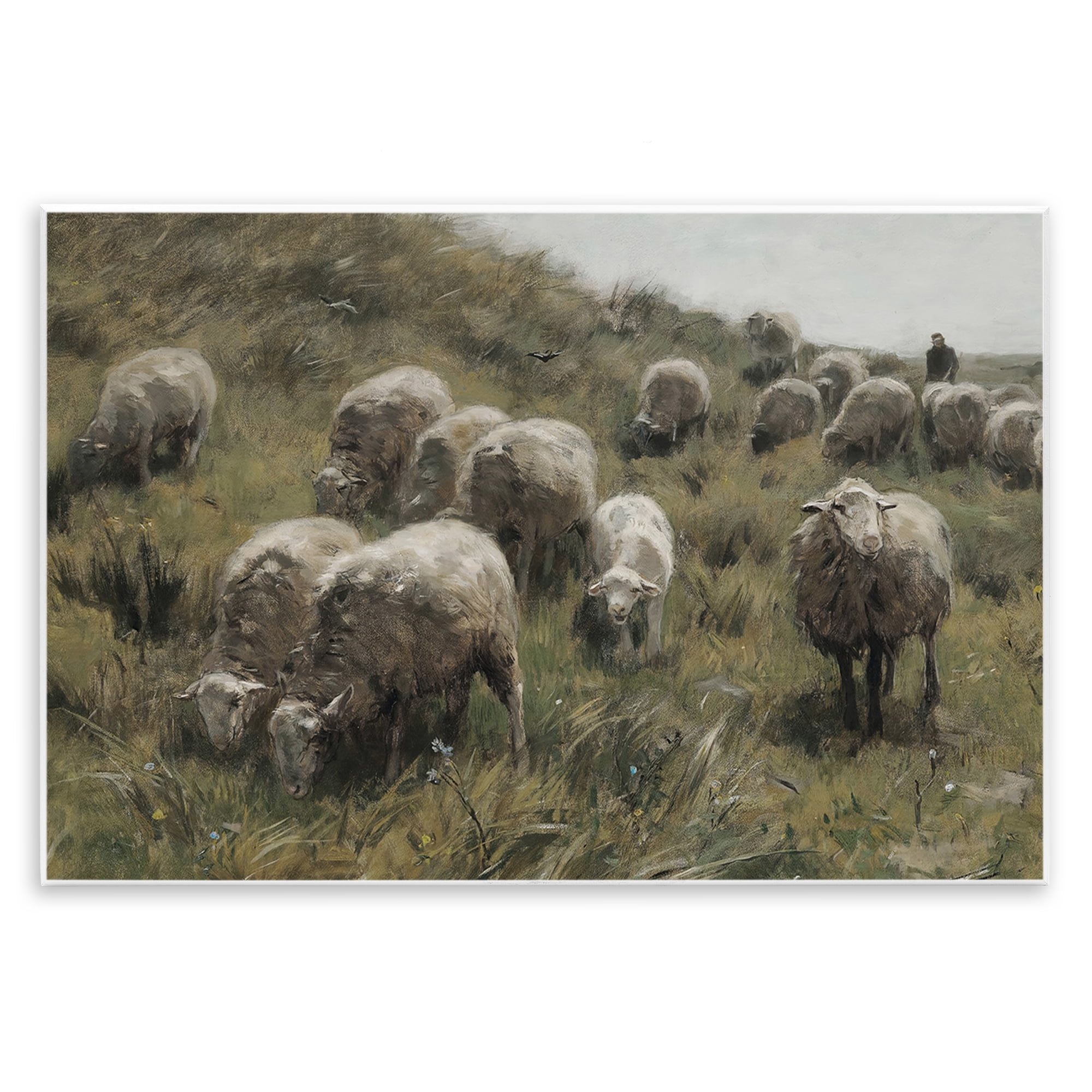 Stupell Industries Sheep At Pasture Landscape Painting Unframed Art Print Wall Art, 19 x 13