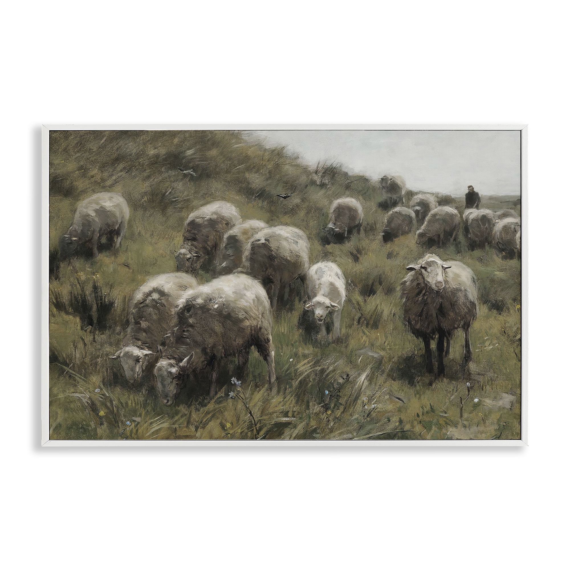 Stupell Industries Sheep At Pasture Landscape Painting White Framed Art Print Wall Art, 18 x 12