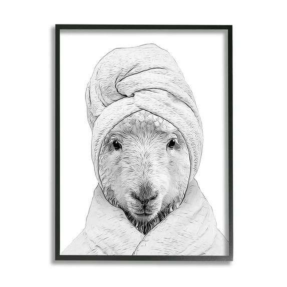 Stupell Industries Sheep Bathroom Robe Funny Animal Animals & Insects Painting Black Framed Art Print Wall Art