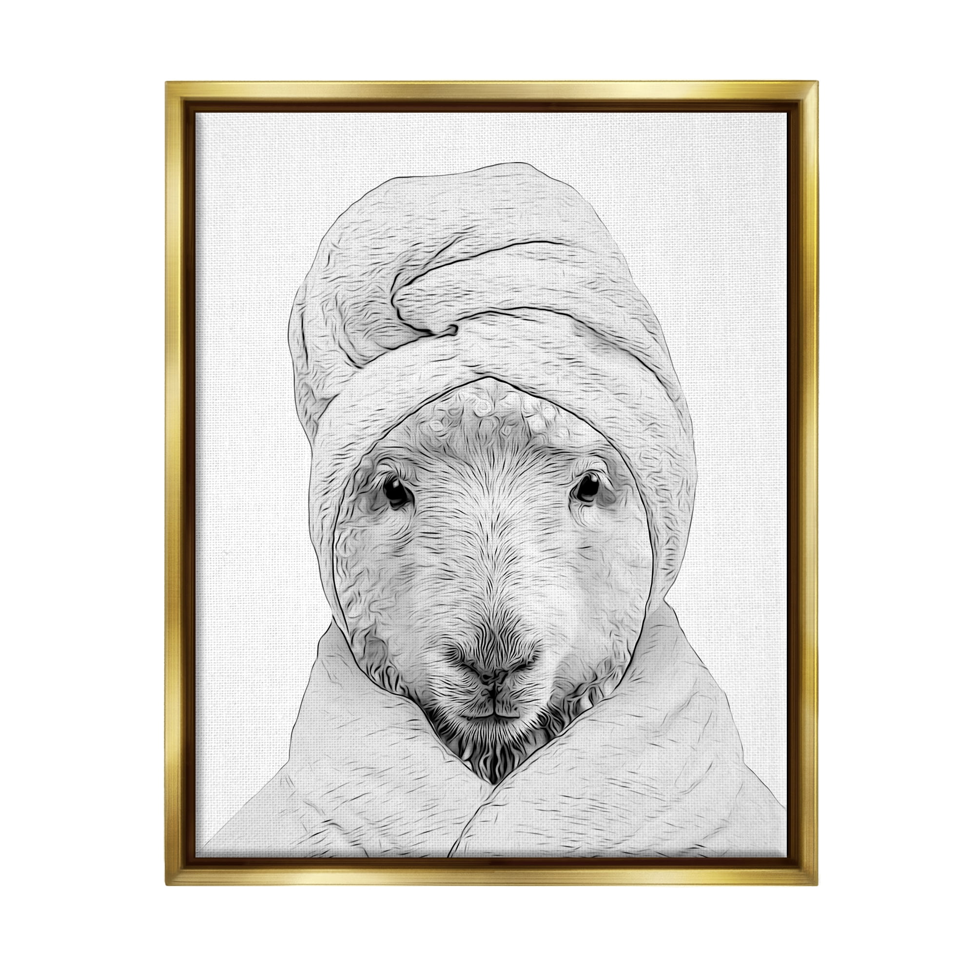 Stupell Industries Sheep Bathroom Robe Funny Animal Animals & Insects Painting Gold Floater Framed Art Print Wall Art