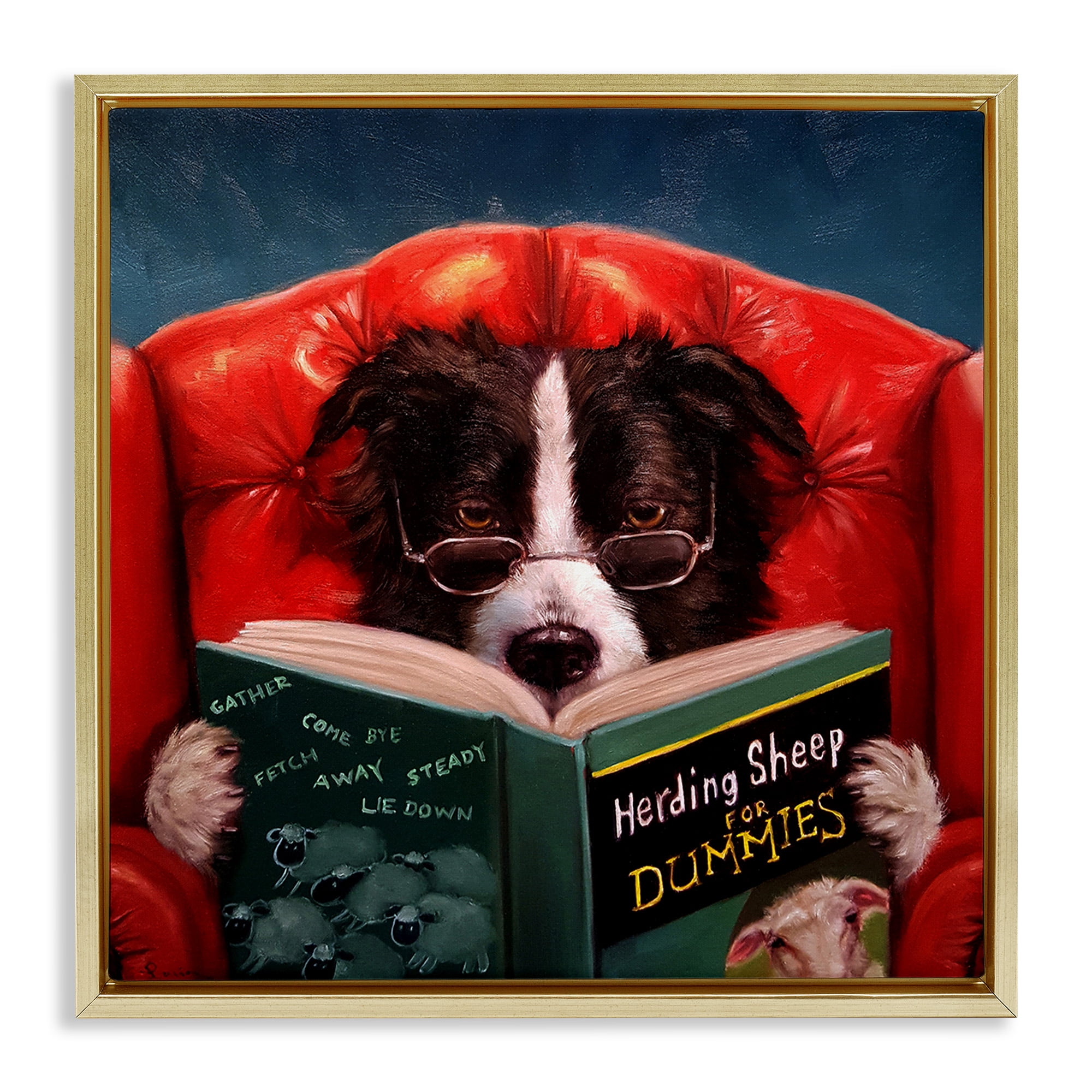 Stupell Industries Sheep Dog Reading for Dummies Animals & Insects Gold Floater Wall Art Design By Lucia Heffernan