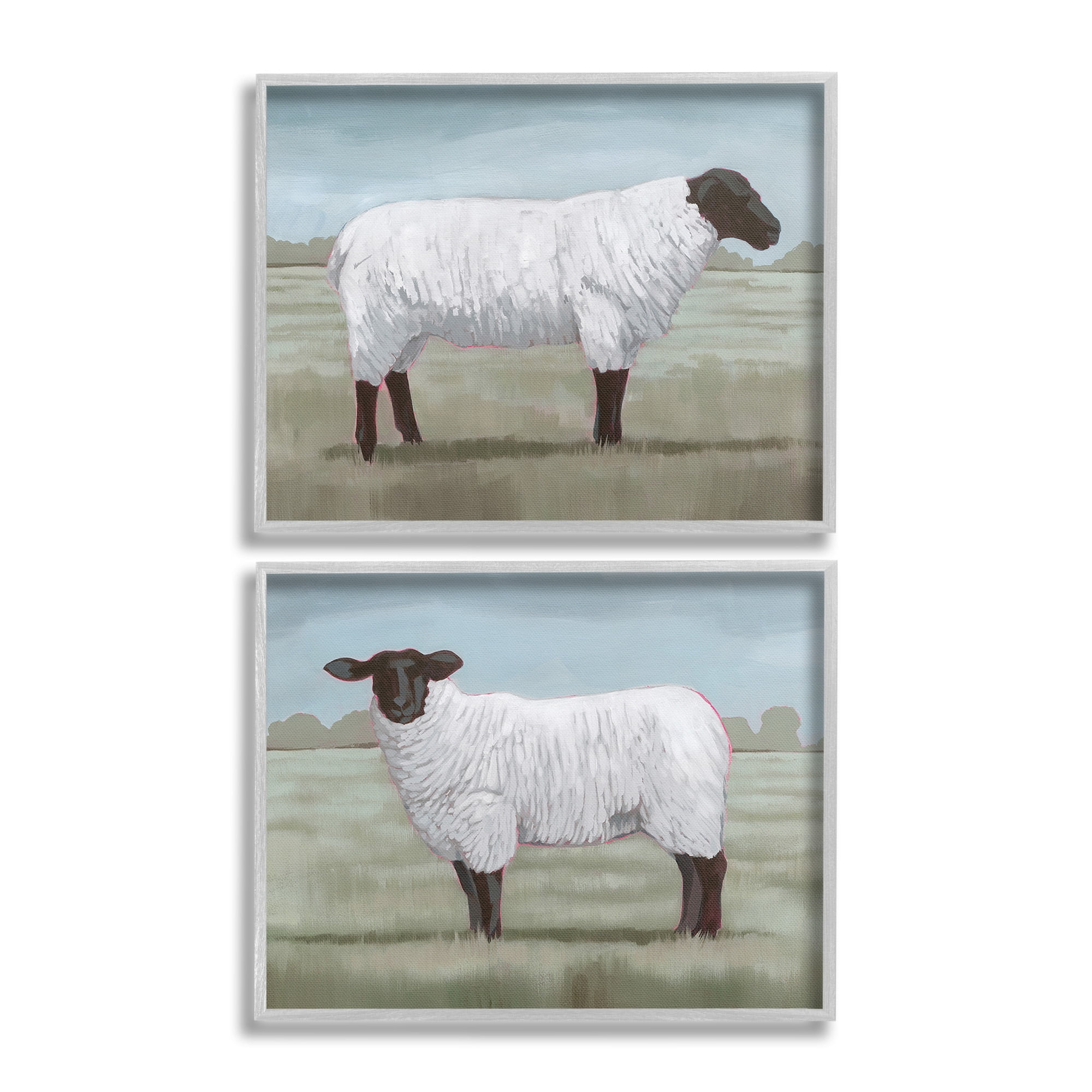 Stupell Industries Sheep Duo in Pasture Animals & Insects Painting Gray Framed Art Print Wall Art, 20 x 16, Set of 2