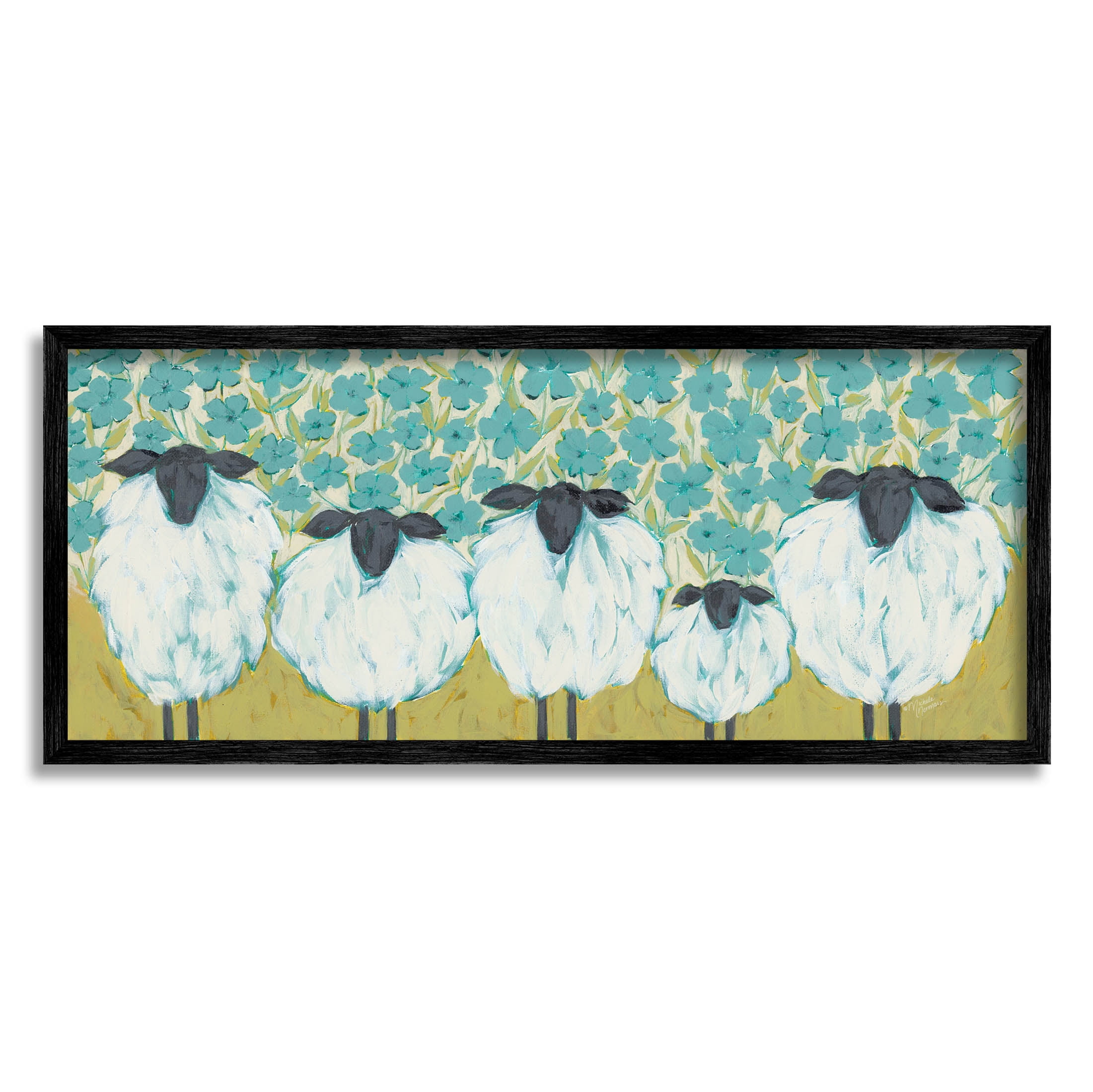 Stupell Industries Sheep Family Blue Daisy Pattern Painting Black Framed Art Print Wall Art, Design by Michele Norman