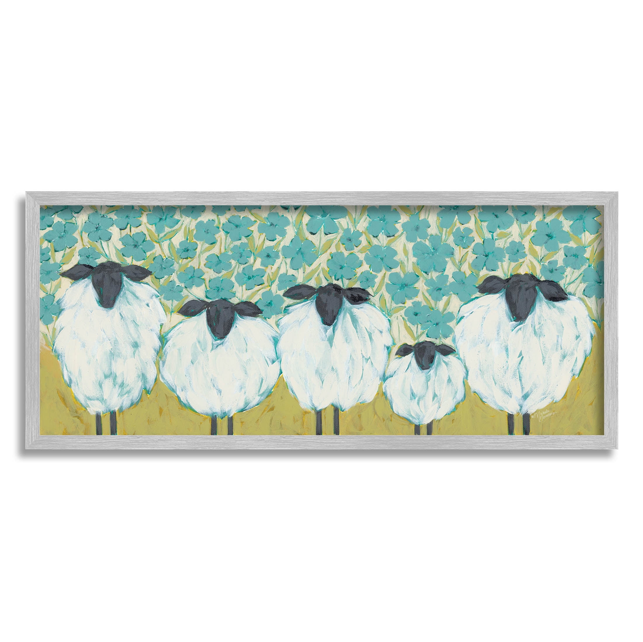 Stupell Industries Sheep Family Blue Daisy Pattern Painting Gray Framed Art Print Wall Art, Design by Michele Norman