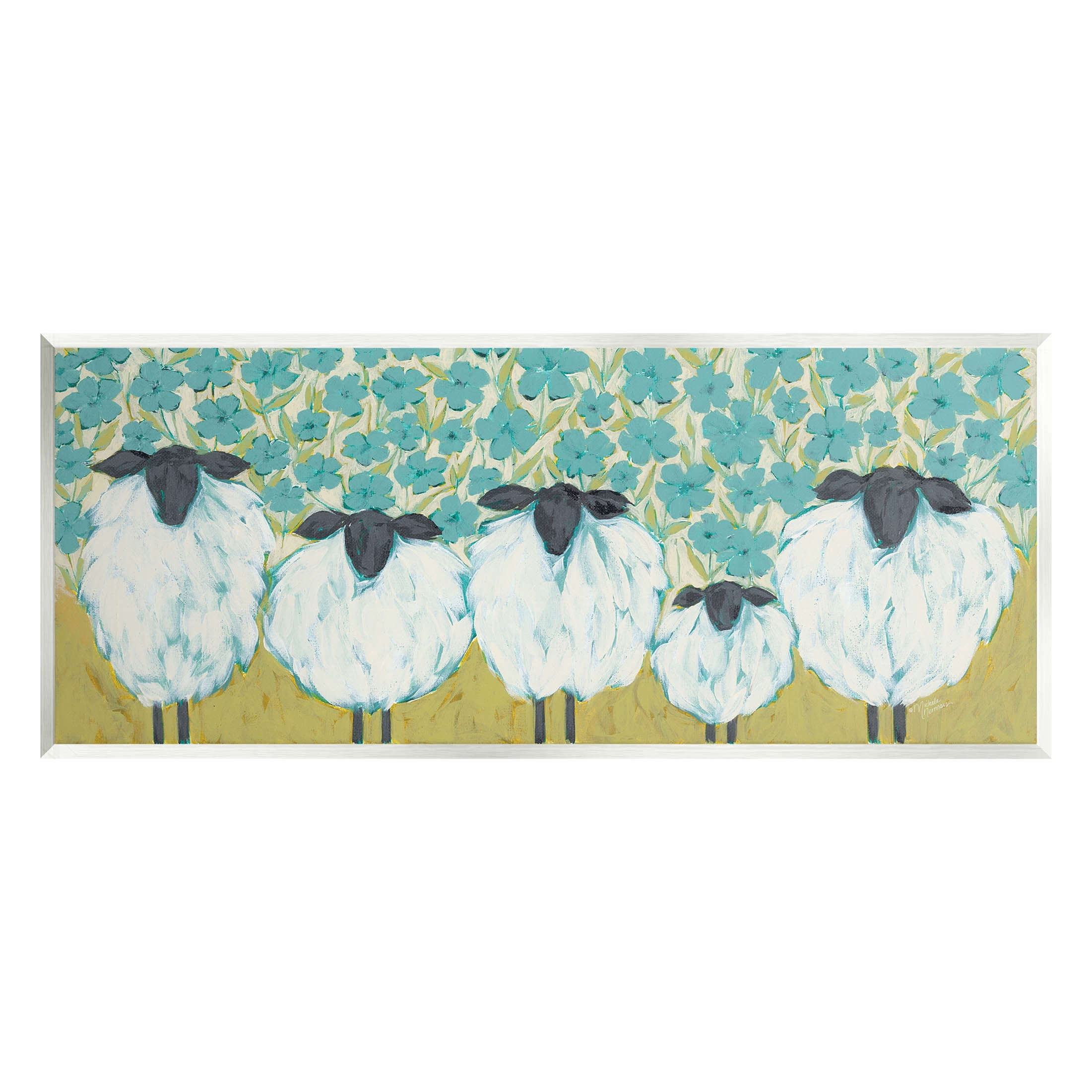 Stupell Industries Sheep Family Blue Daisy Pattern Painting Unframed Art Print Wall Art, Design by Michele Norman