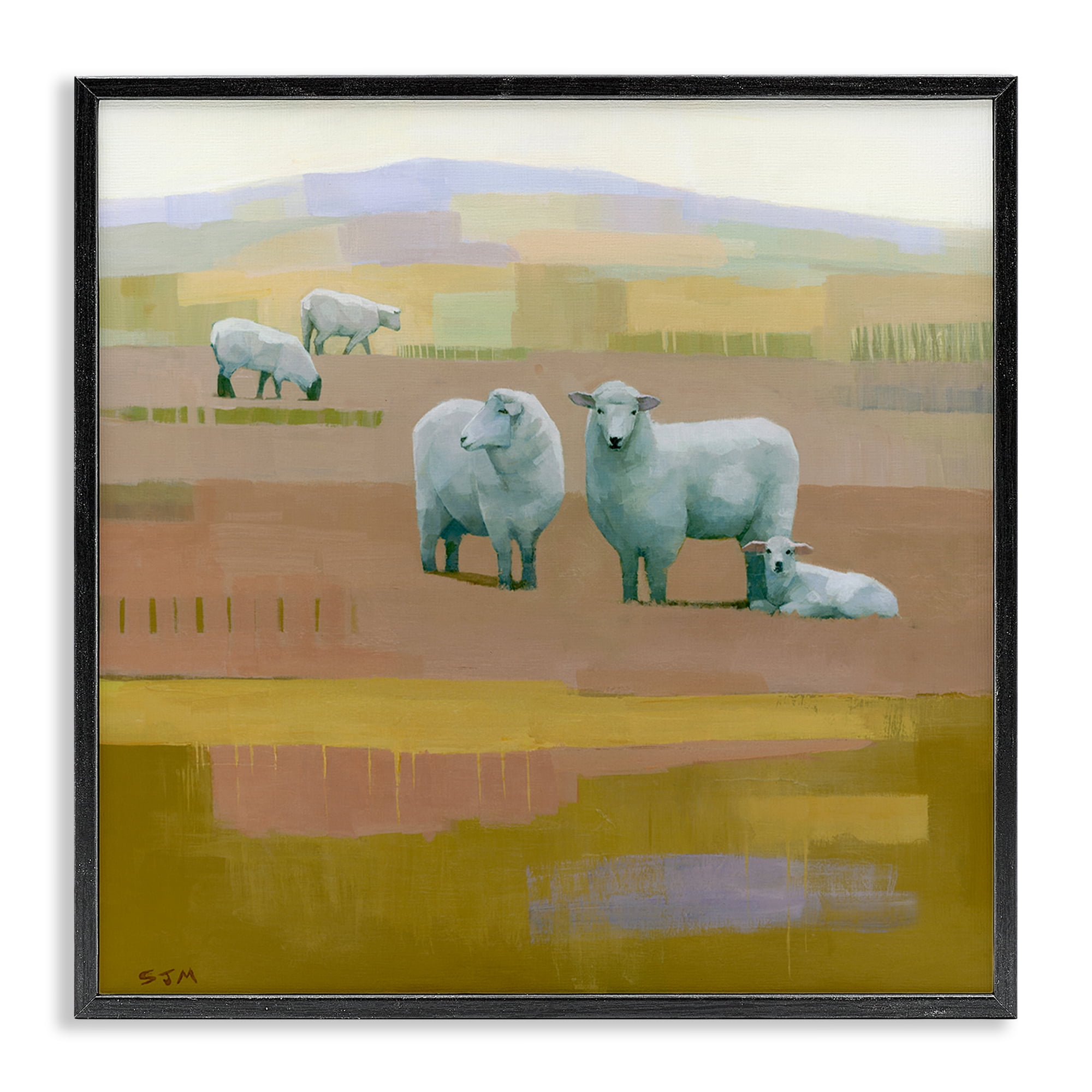 Stupell Industries Sheep Grazing Pasture Animals Painting Black Framed Art Print Wall Art, 24 x 24