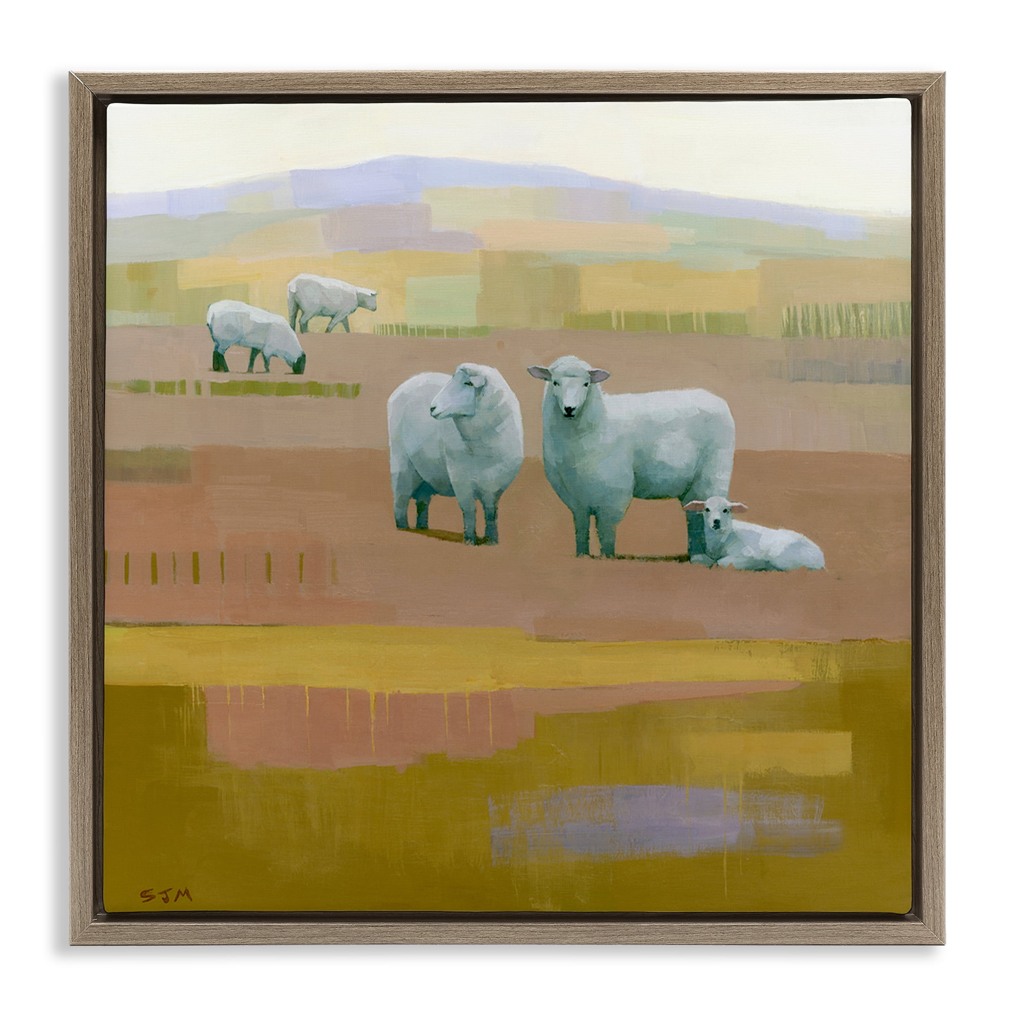 Stupell Industries Sheep Grazing Pasture Animals Painting Brown Floater Framed Canvas Art Print Wall Art, 18 x 18