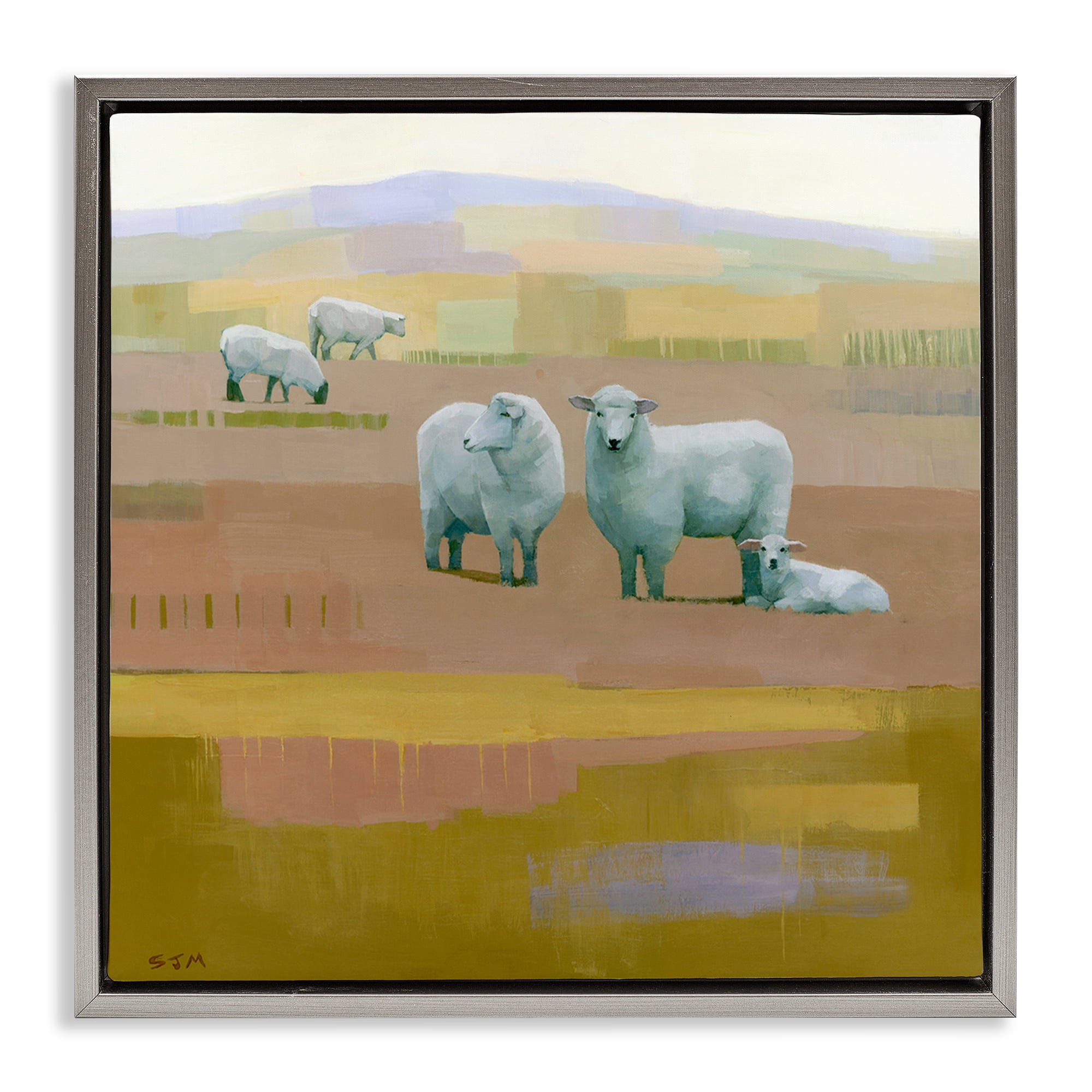 Stupell Industries Sheep Grazing Pasture Animals Painting Gray Floater Framed Canvas Art Print Wall Art, 18 x 18